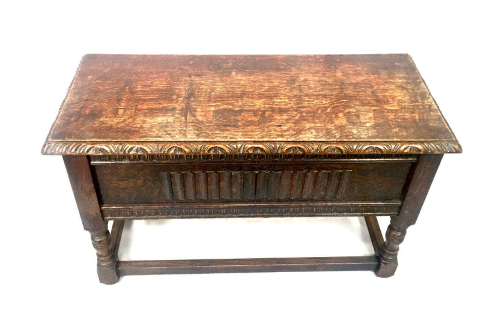 Antique Wooden Oak Carved Blanket Box / Coffer On Legs Arts & Crafts C.1930 photo for sale