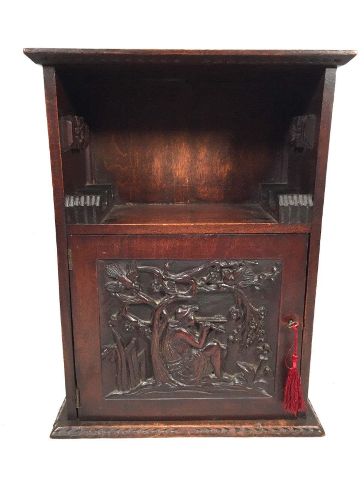 photo furniture Antique 1920s Wooden Hand Carved Smokers Cabinet / Cupboard / Box With Key