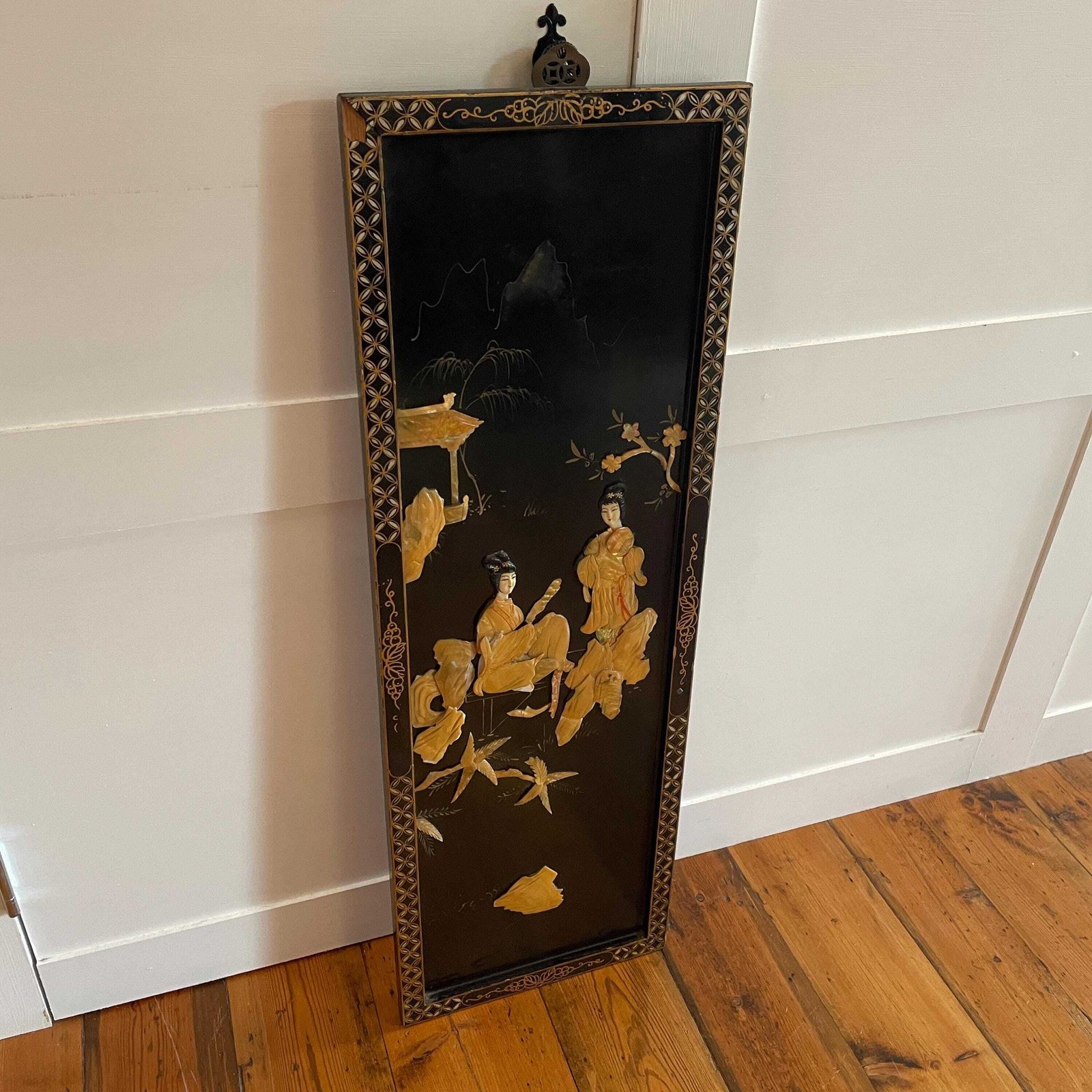 Oriental Black Lacquer Panel Figurative Chinese Wall Artwork Mother Of Pearl Traditional Asian Decorative Interior Piece Screen photo buy