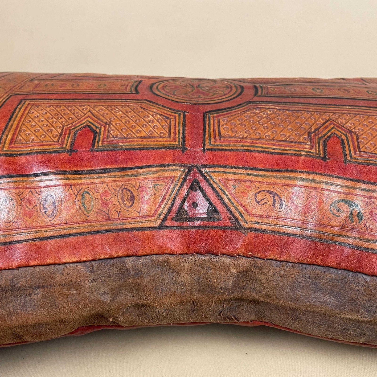 Moroccan Leather Cushion Red Hand Tooled Pouf Pillow Vintage Decor Sofa Pillow Boho Ottoman Handmade Brown Geometric Pattern photo buy