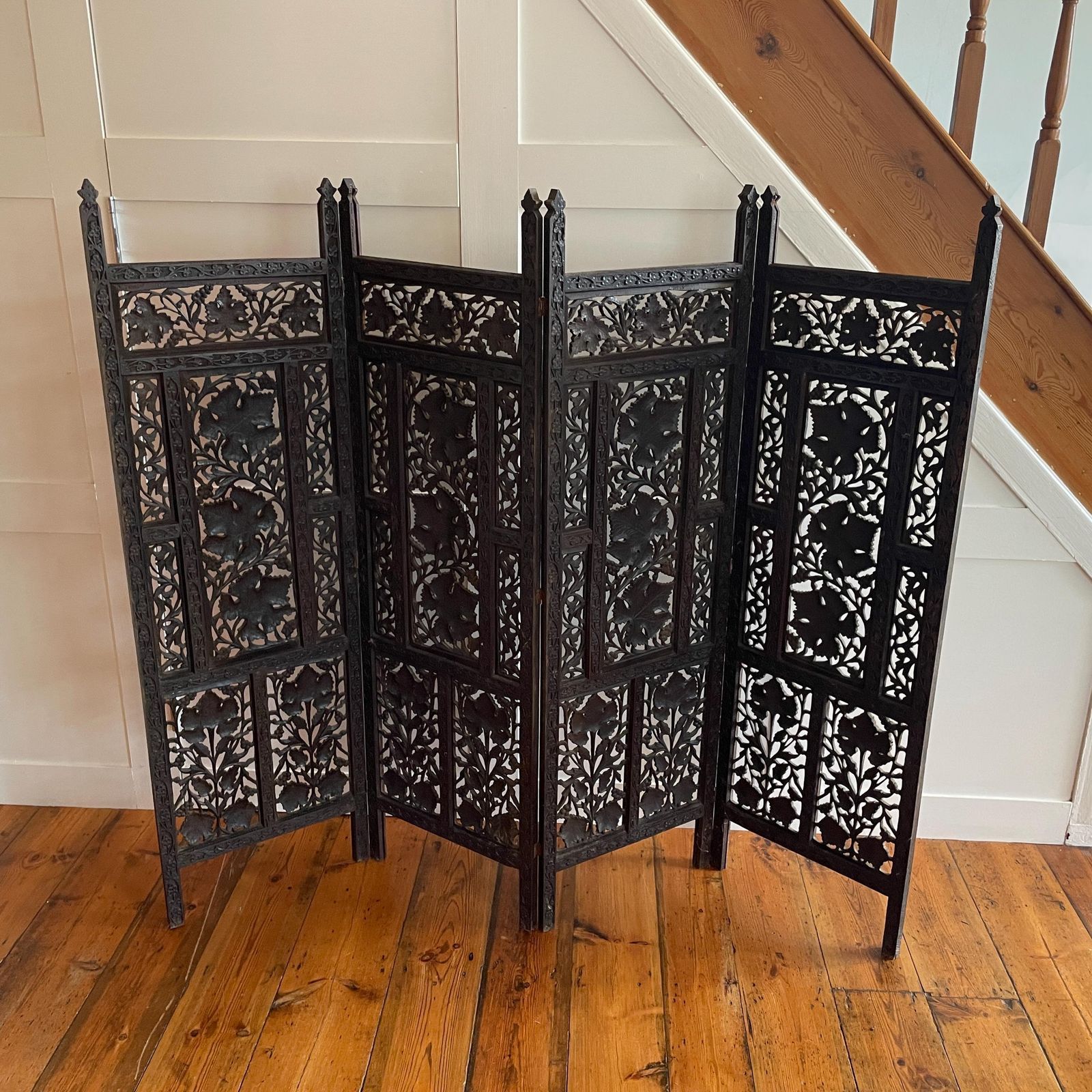 Indian Hand Carved Wood Folding Screen Floral Panels Room Divider Antique Wooden Large Intricate C.Late 19th/Earlier 20th Century