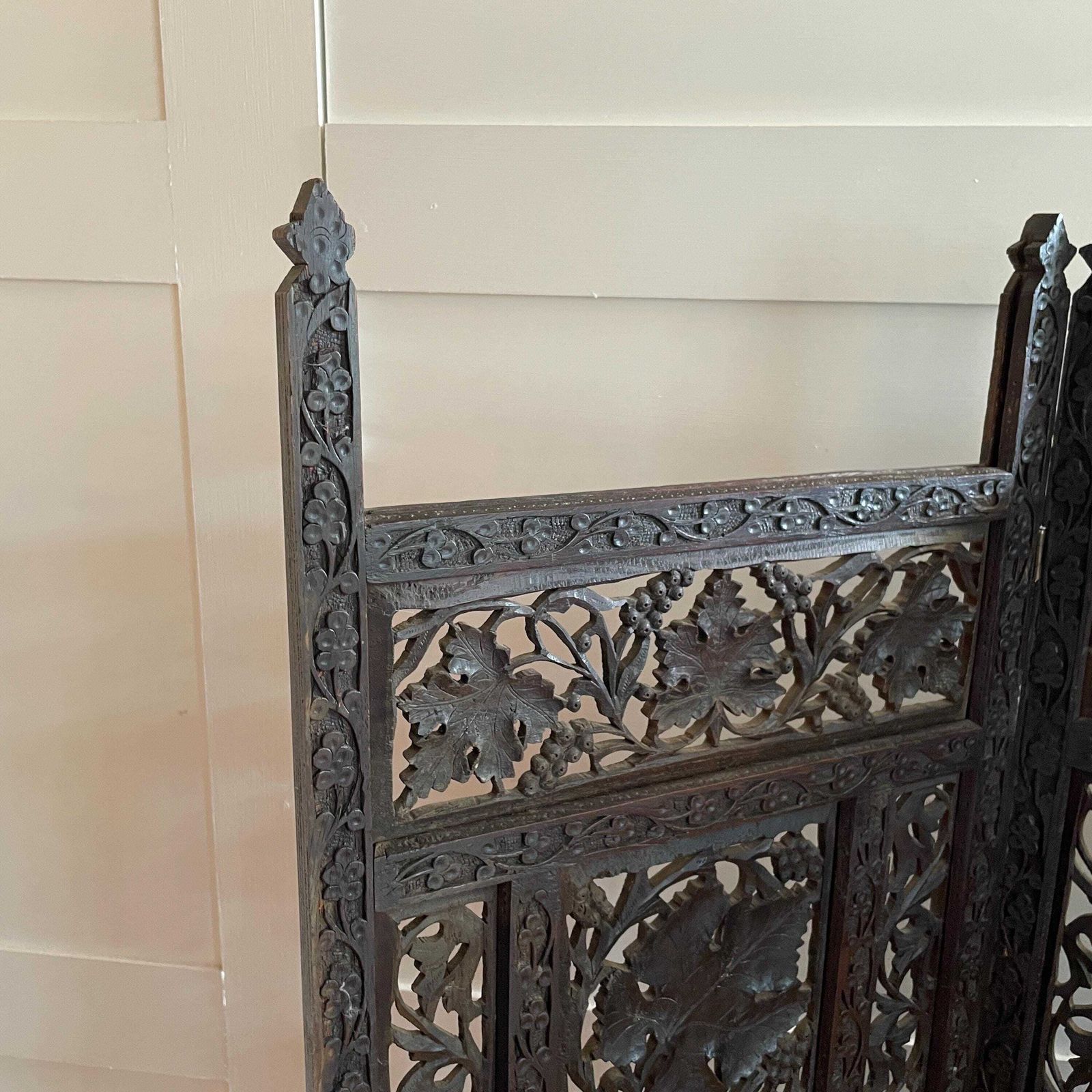 Indian Hand Carved Wood Folding Screen Floral Panels Room Divider Antique Wooden Large Intricate C.Late 19th/Earlier 20th Century photo for sale