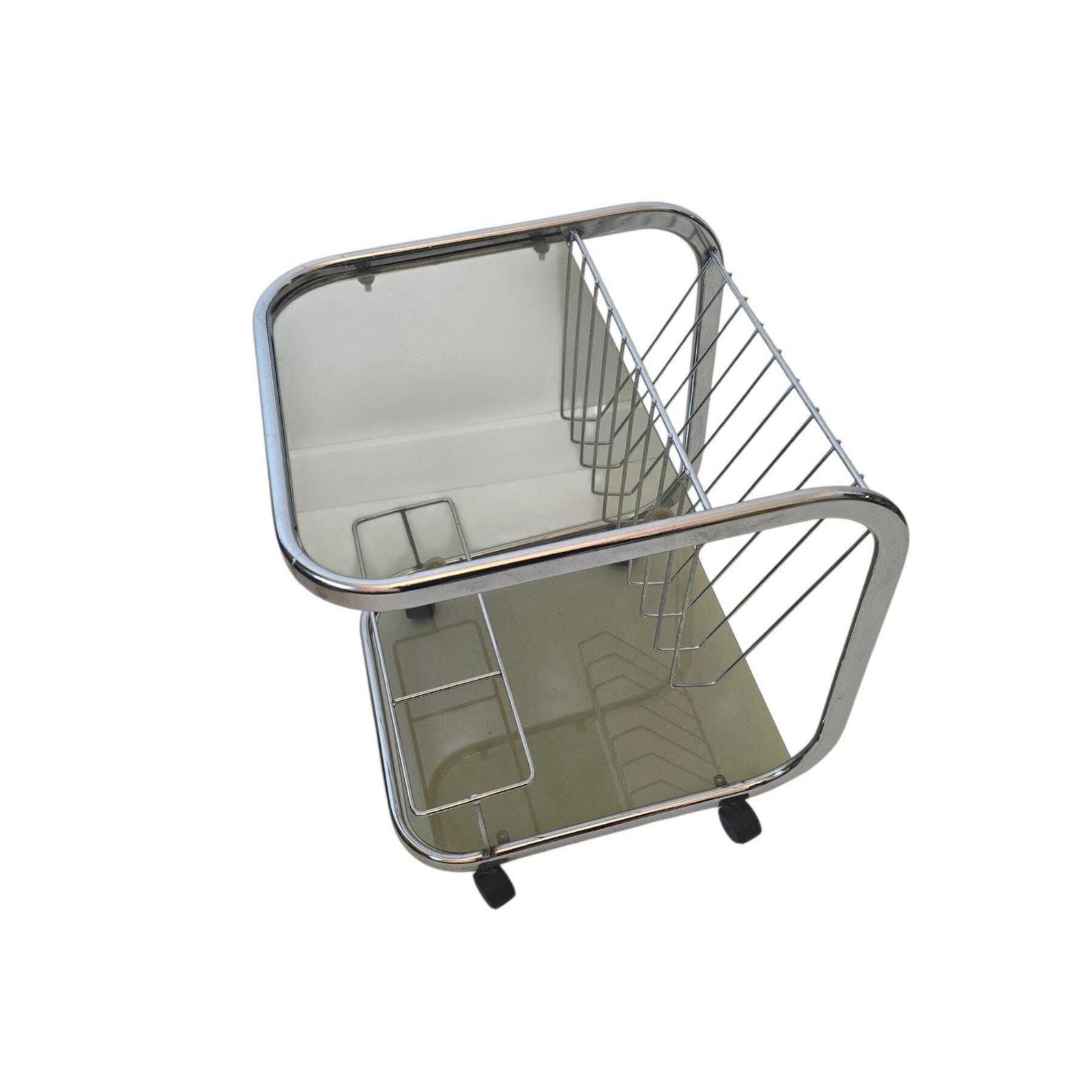 Mid Century Modern Smoky Glass And Chrome Side Table With Magazine Rack, Bar Cart photo furniture