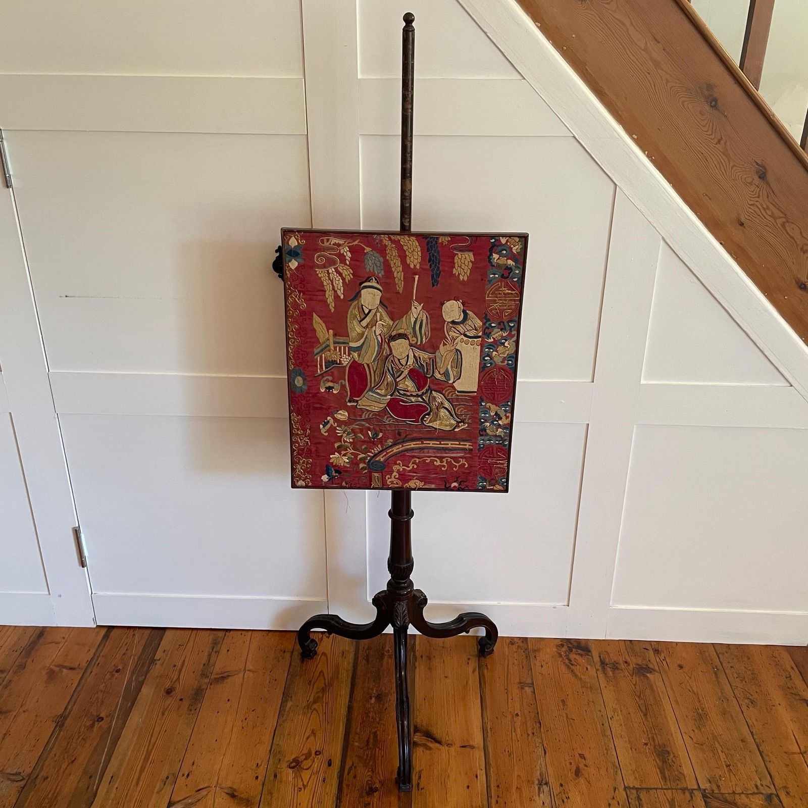 Antique Chinese Silk Embroidered Tapestry Screen Wooden Stand Oriental Figurative Artwork Old Art photo furniture