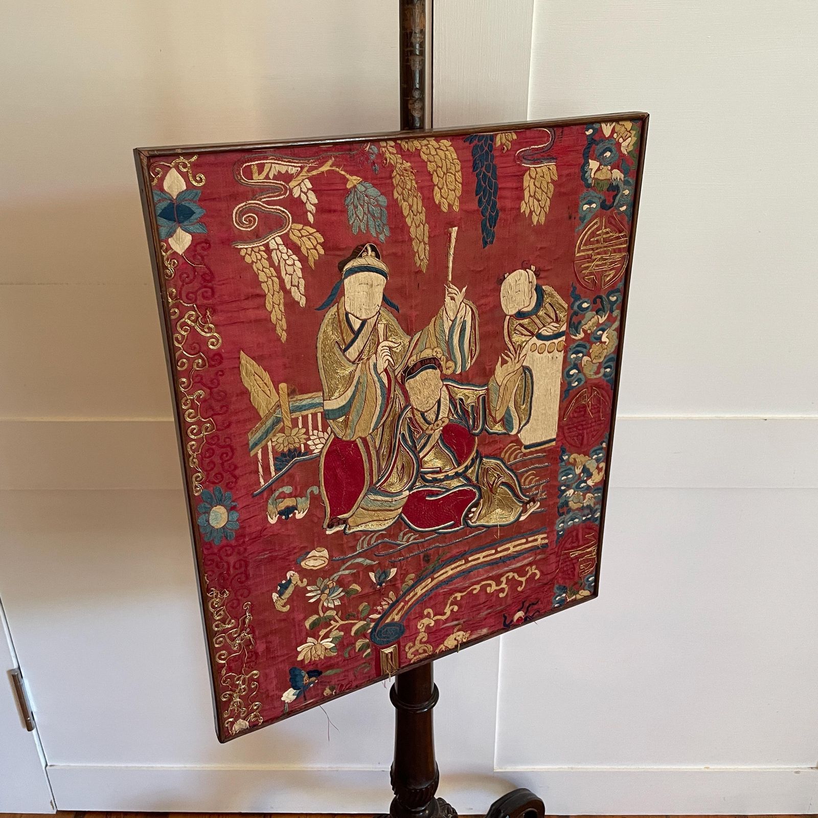Antique Chinese Silk Embroidered Tapestry Screen Wooden Stand Oriental Figurative Artwork Old Art photo for sale