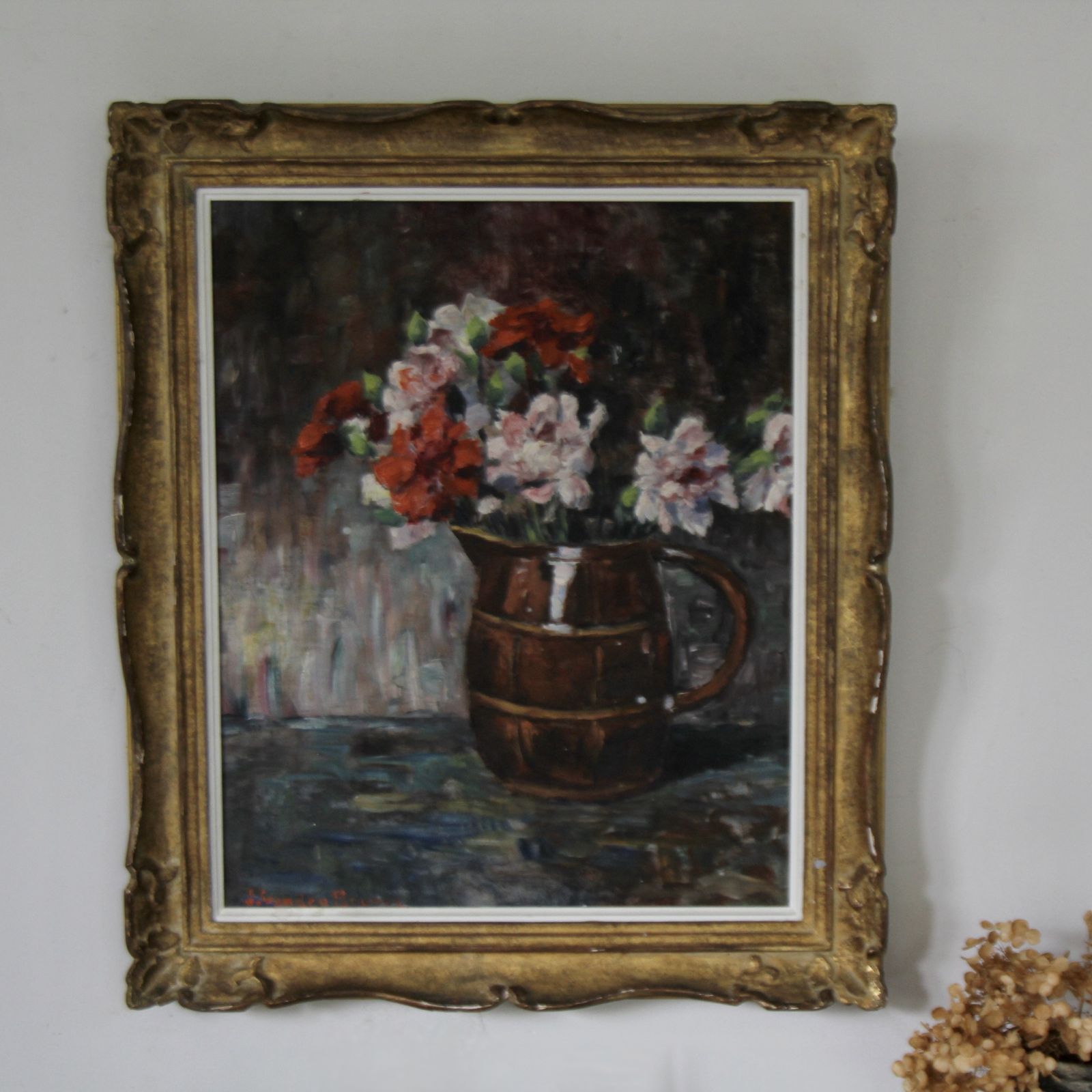 Framed Antique French Floral Painting, Oil On Canvas