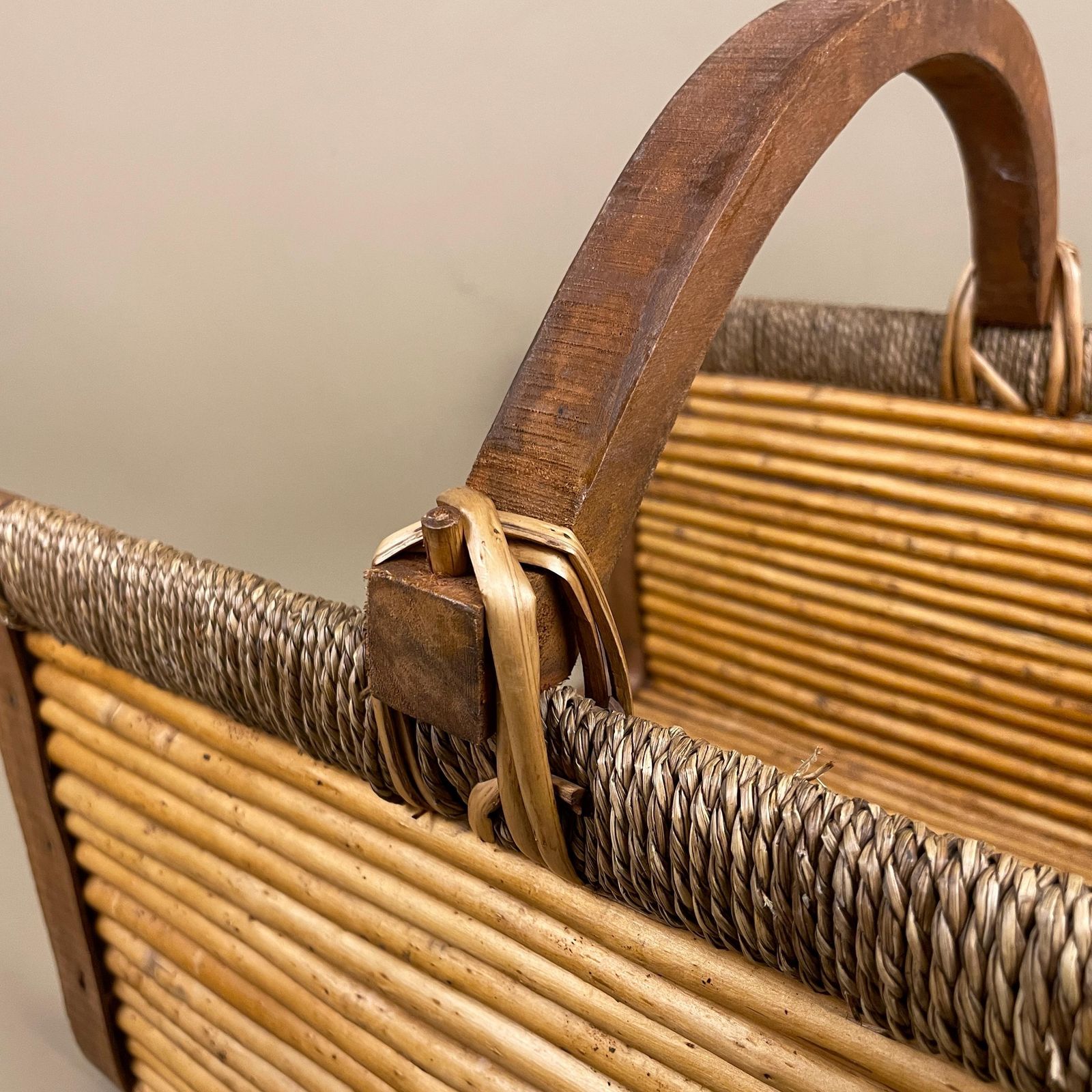 Rectangle Log Basket Woven Wicker Vintage Storage Cottage Farmhouse Decor Handle Wooden Bamboo Brown Beige Retro Display photo 89.0