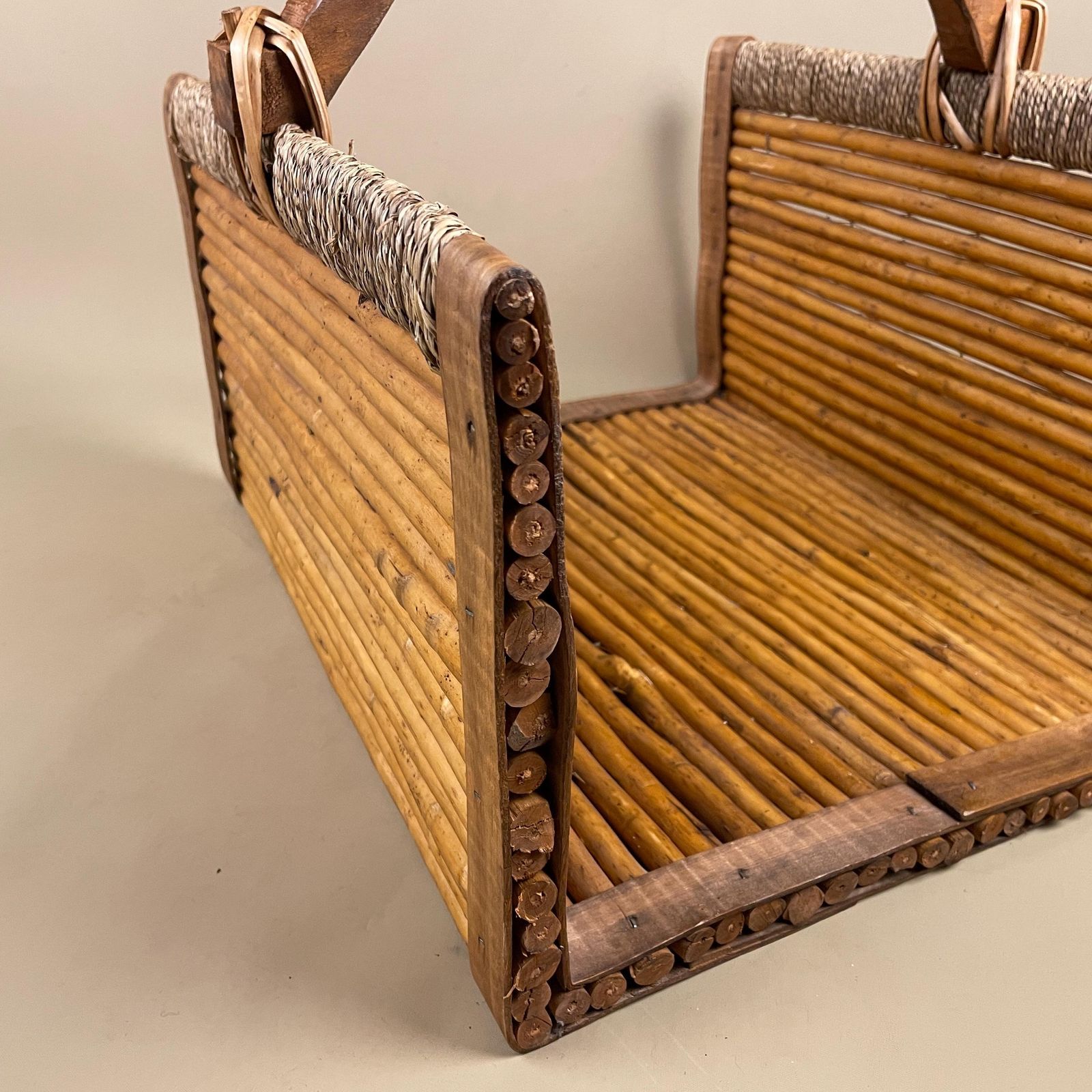 Rectangle Log Basket Woven Wicker Vintage Storage Cottage Farmhouse Decor Handle Wooden Bamboo Brown Beige Retro Display photo vinterior