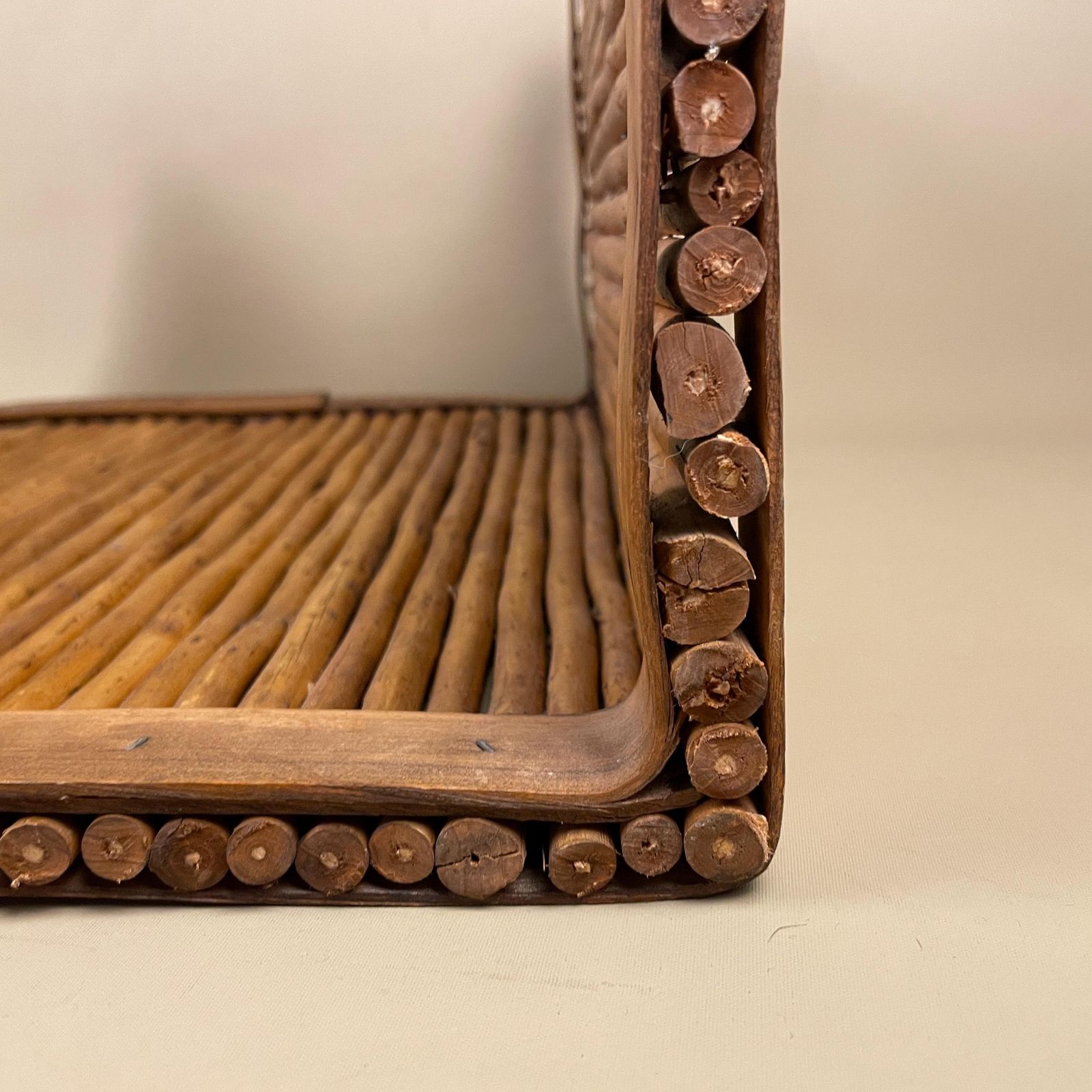 89.0 Rectangle Log Basket Woven Wicker Vintage Storage Cottage Farmhouse Decor Handle Wooden Bamboo Brown Beige Retro Display photo