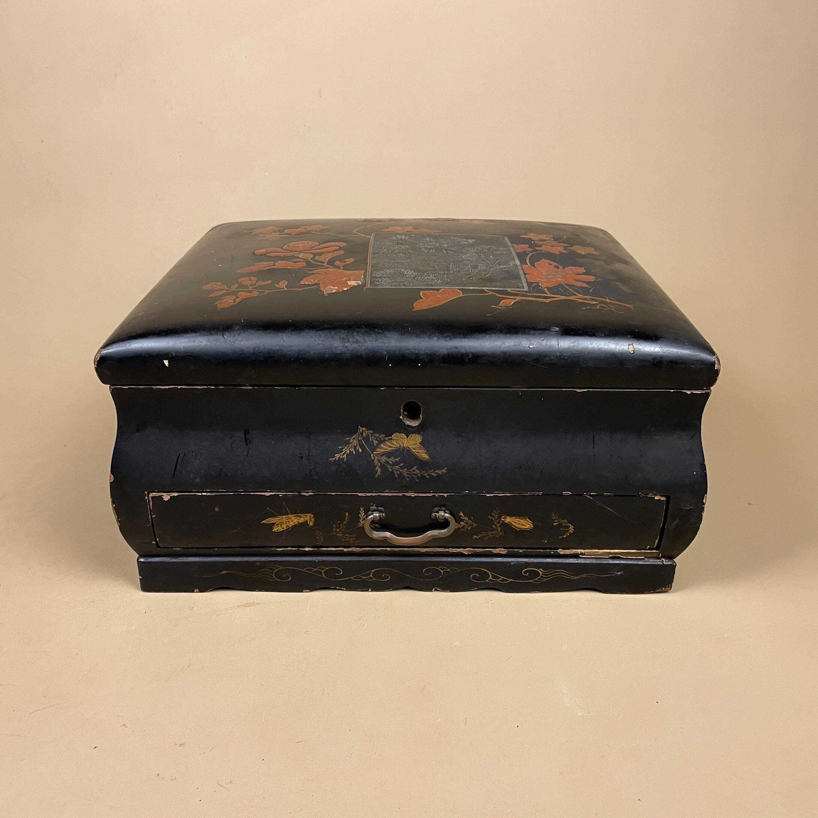 Antique Oriental Lacquer Box Black Painted Jewellery Sewing Box Floral Pattern Asian Chinoiserie Storage Chest Dressing Table Decor photo for sale