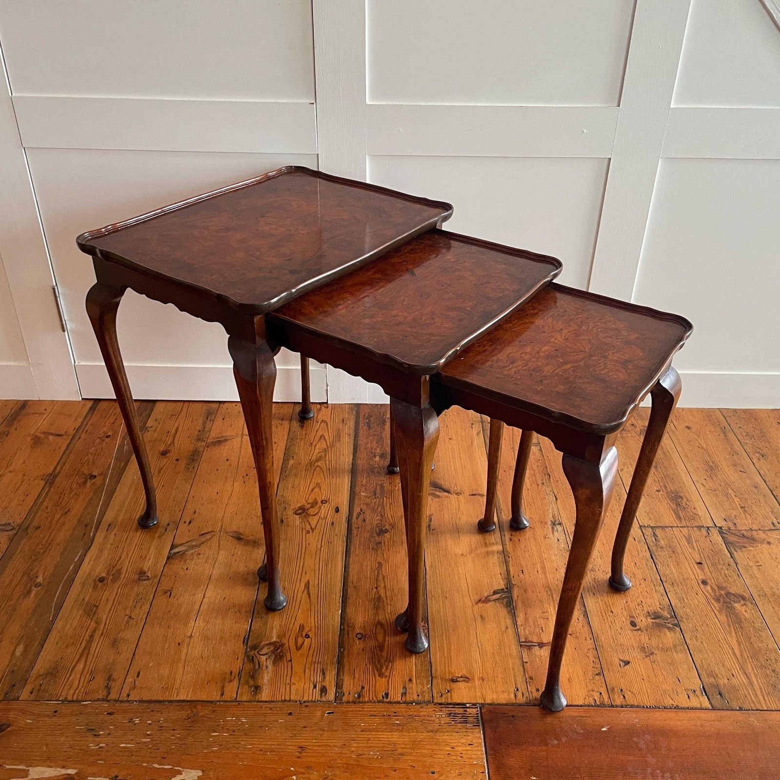 Antique Wooden Tables Nesting 3 Wood Ornate Carved Nest Burr Walnut Art Deco Plant Stands Table End Side Serpentine Vintage Set photo for sale