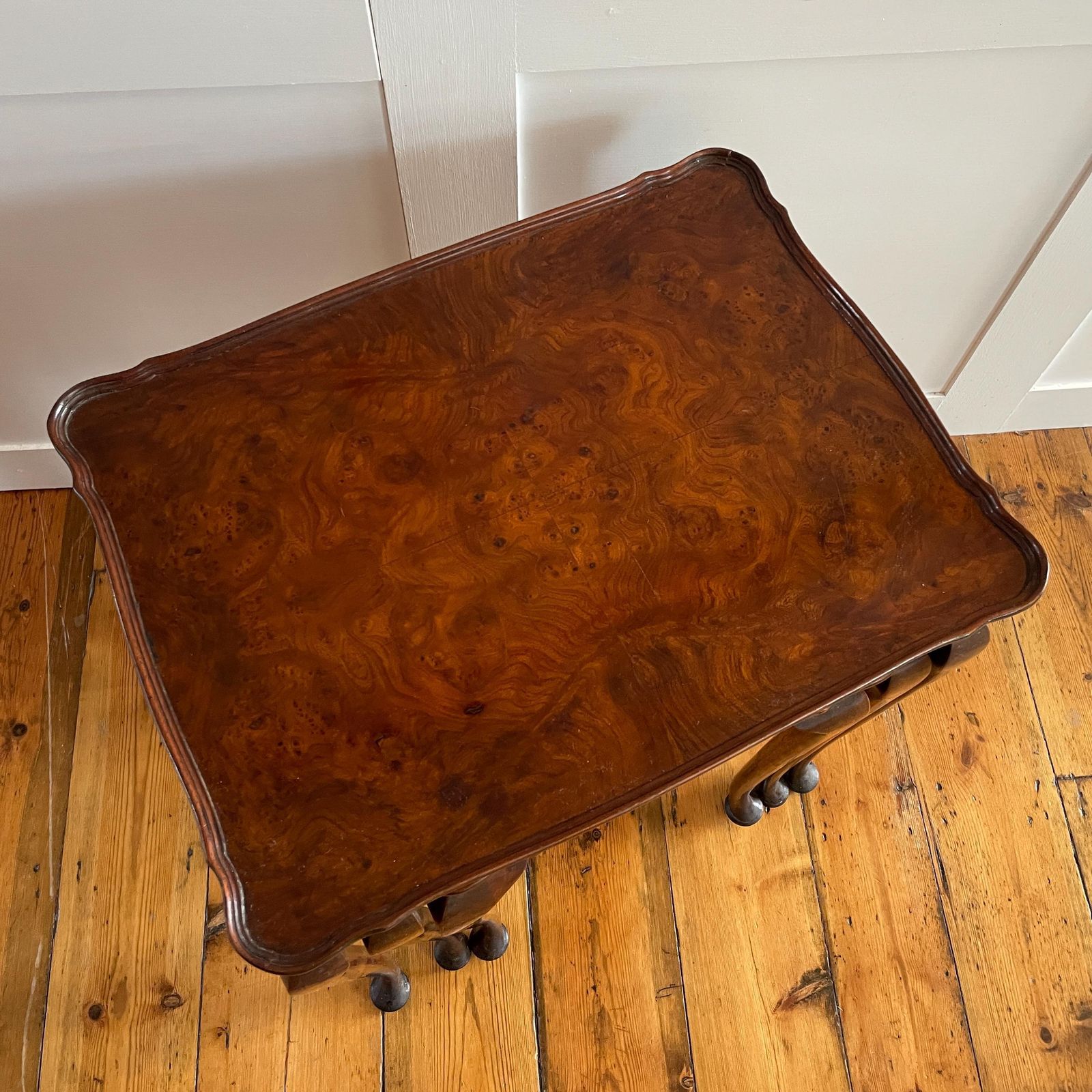 Antique Wooden Tables Nesting 3 Wood Ornate Carved Nest Burr Walnut Art Deco Plant Stands Table End Side Serpentine Vintage Set photo Furniture