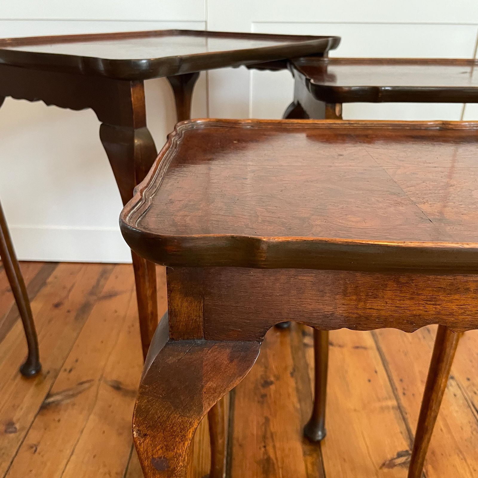 photo buy Antique Wooden Tables Nesting 3 Wood Ornate Carved Nest Burr Walnut Art Deco Plant Stands Table End Side Serpentine Vintage Set