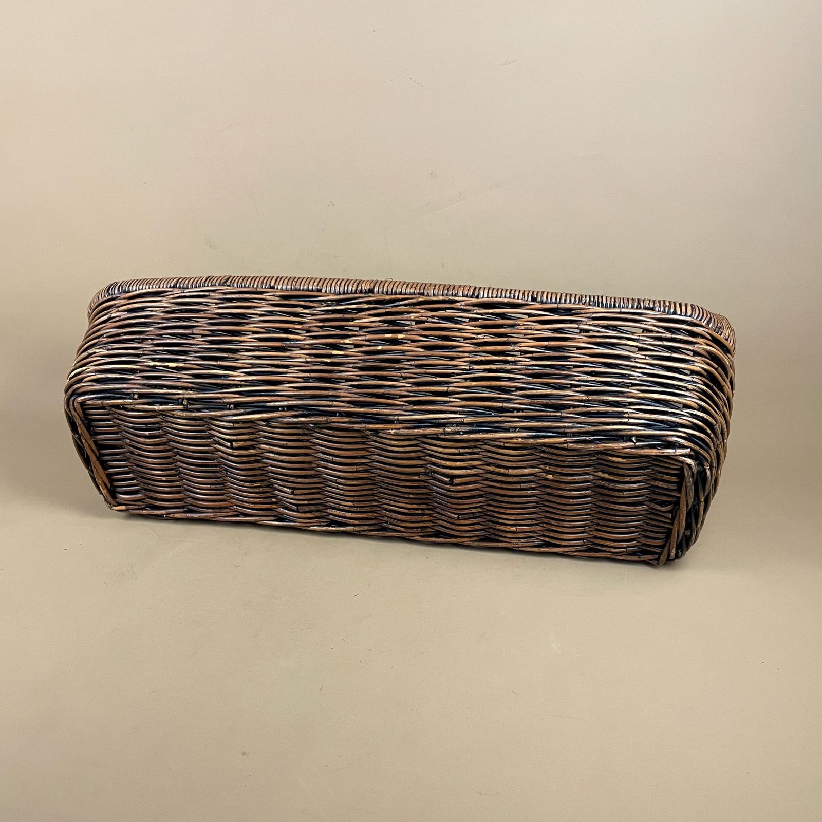 photo for sale Vintage Oval Basket Woven Wicker Rope Handles Narrow Long Log Storage Display Cottage Farmhouse Logs Wood Wooden Antique