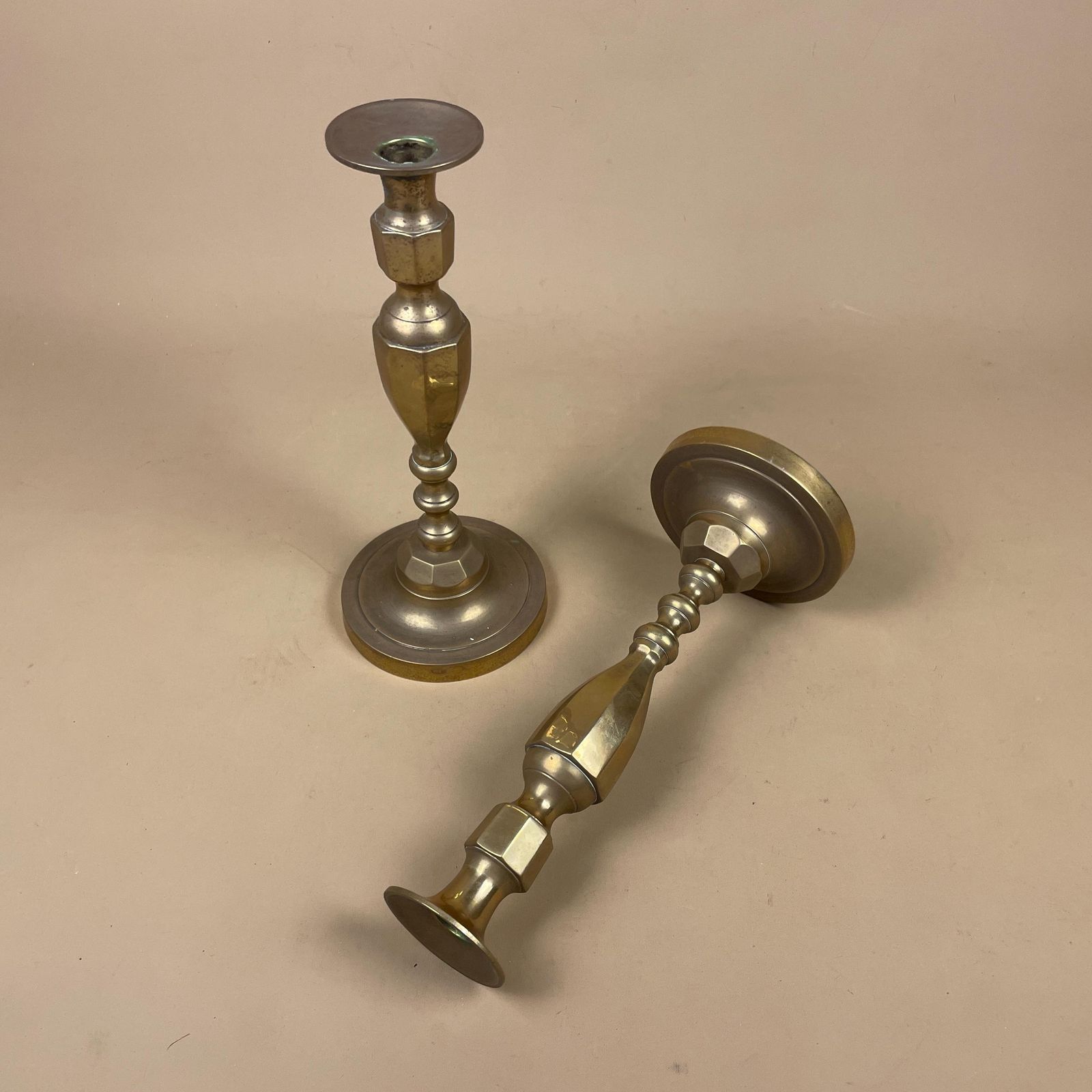 Antique Matching Pair Of Gold Brass Metal Candlestick Candle Stick Holder Vintage Column Taper Dinner Candlesticks Round Base Ornate photo furniture