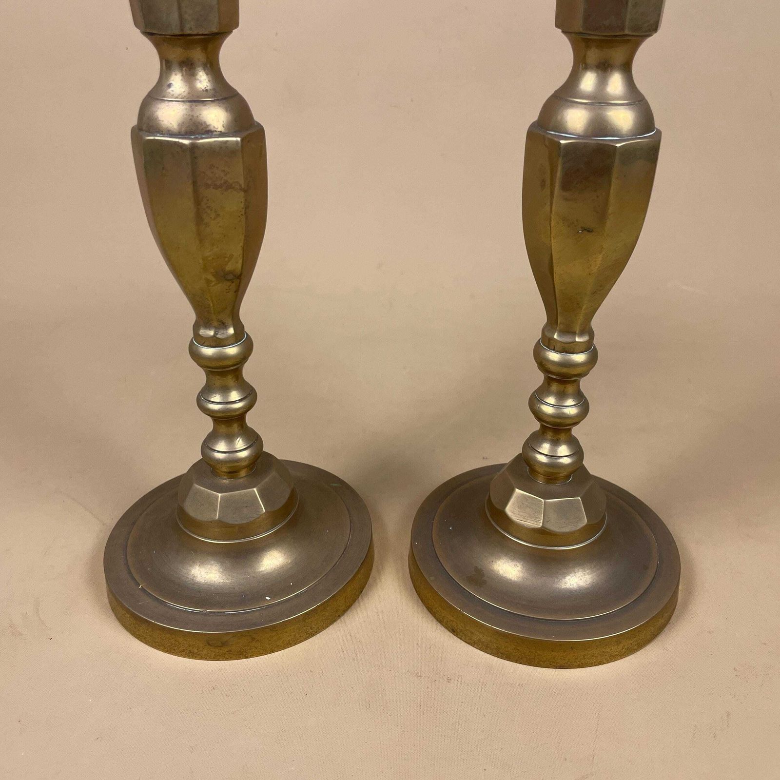 Antique Matching Pair Of Gold Brass Metal Candlestick Candle Stick Holder Vintage Column Taper Dinner Candlesticks Round Base Ornate photo 69.0