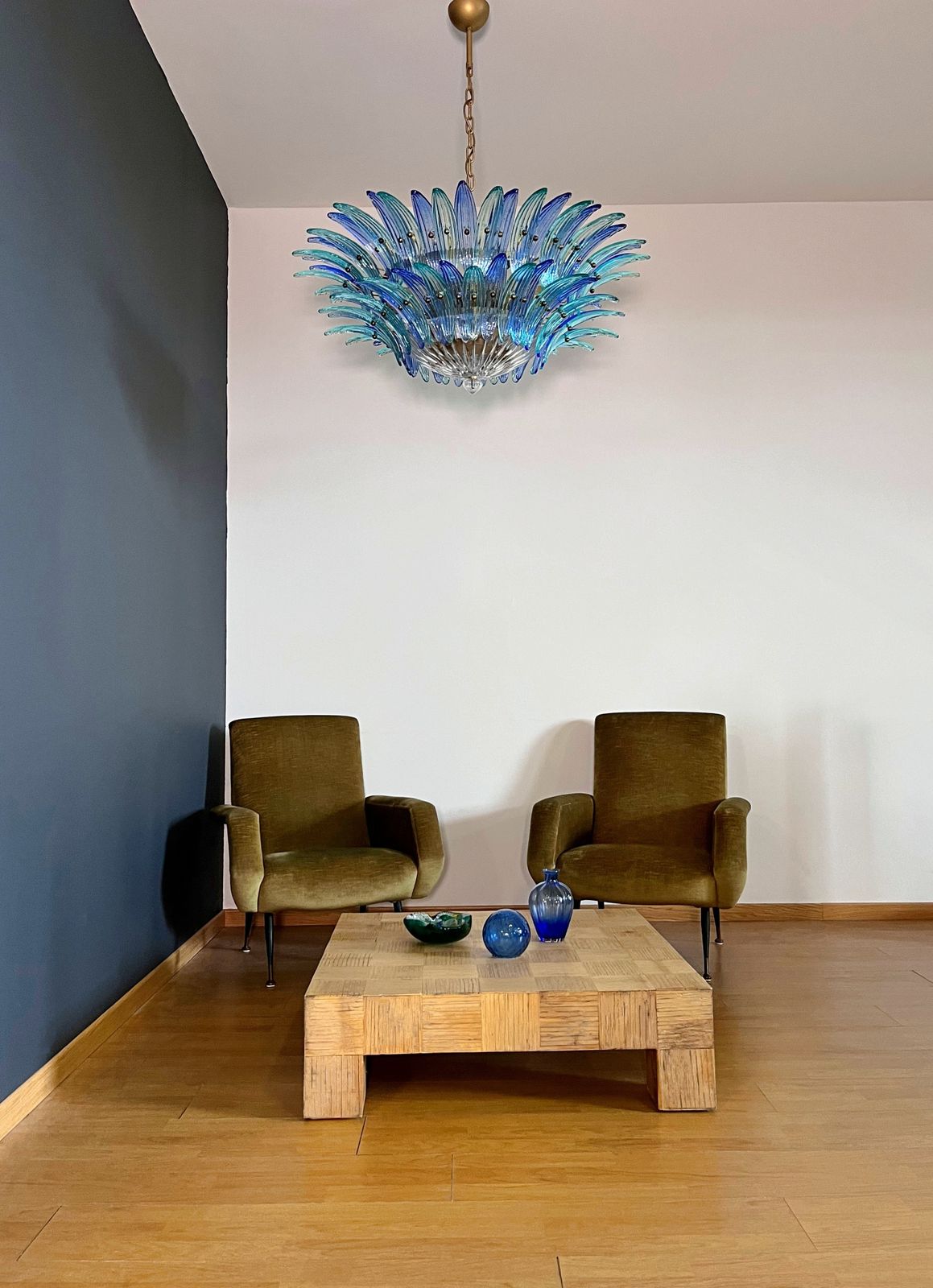 Murano Chandelier Original Palmette, Two Levels, 82 Blue And Turquoise Glasses Clear Glasses photo Lighting