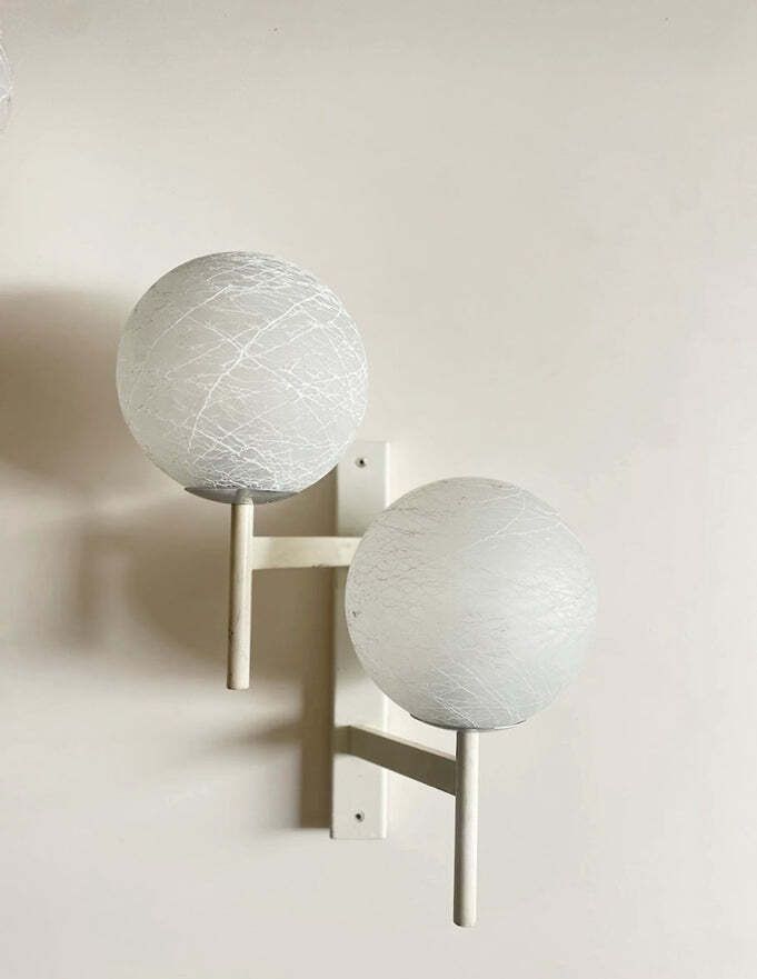 Mid Century Modern Double Globe Wall Sconce With Crackle Opaline Glass, Swiss 1960s photo furniture
