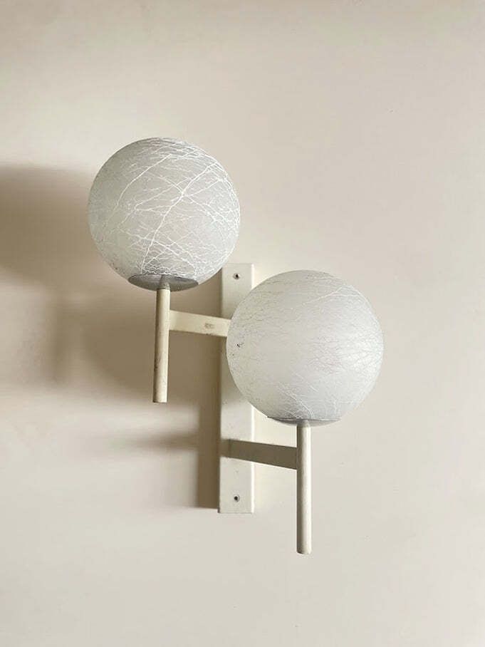 Mid Century Modern Double Globe Wall Sconce With Crackle Opaline Glass, Swiss 1960s photo Lighting
