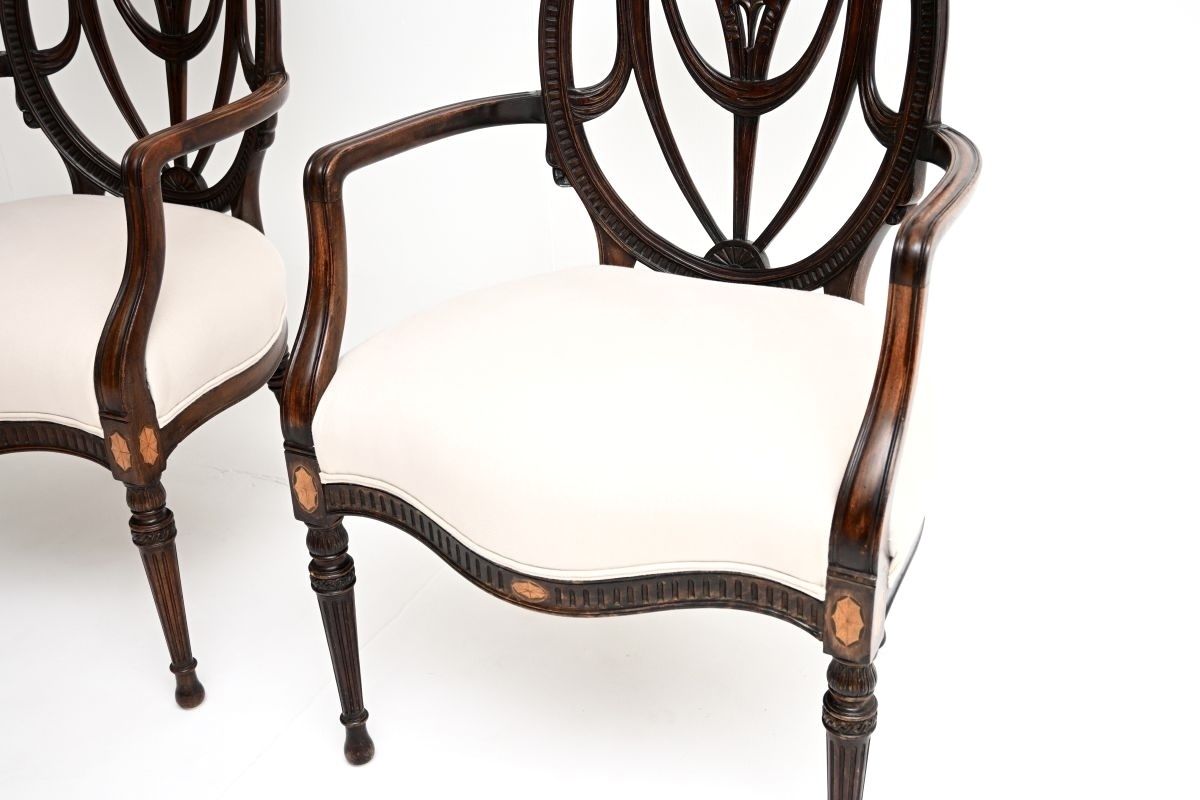 Pair Of Antique Edwardian Inlaid Mahogany Carver Armchairs photo buy