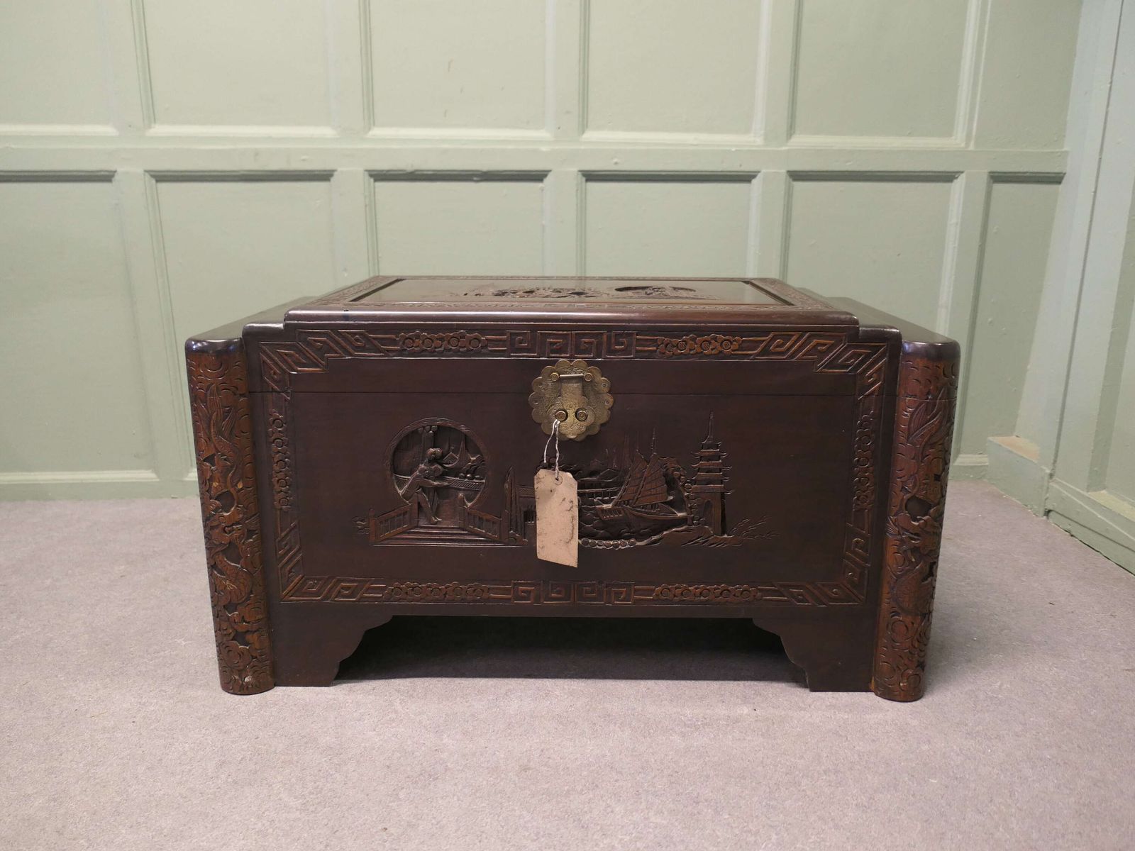 Art Deco Oriental Carved Dark Camphor Wood Chest photo for sale
