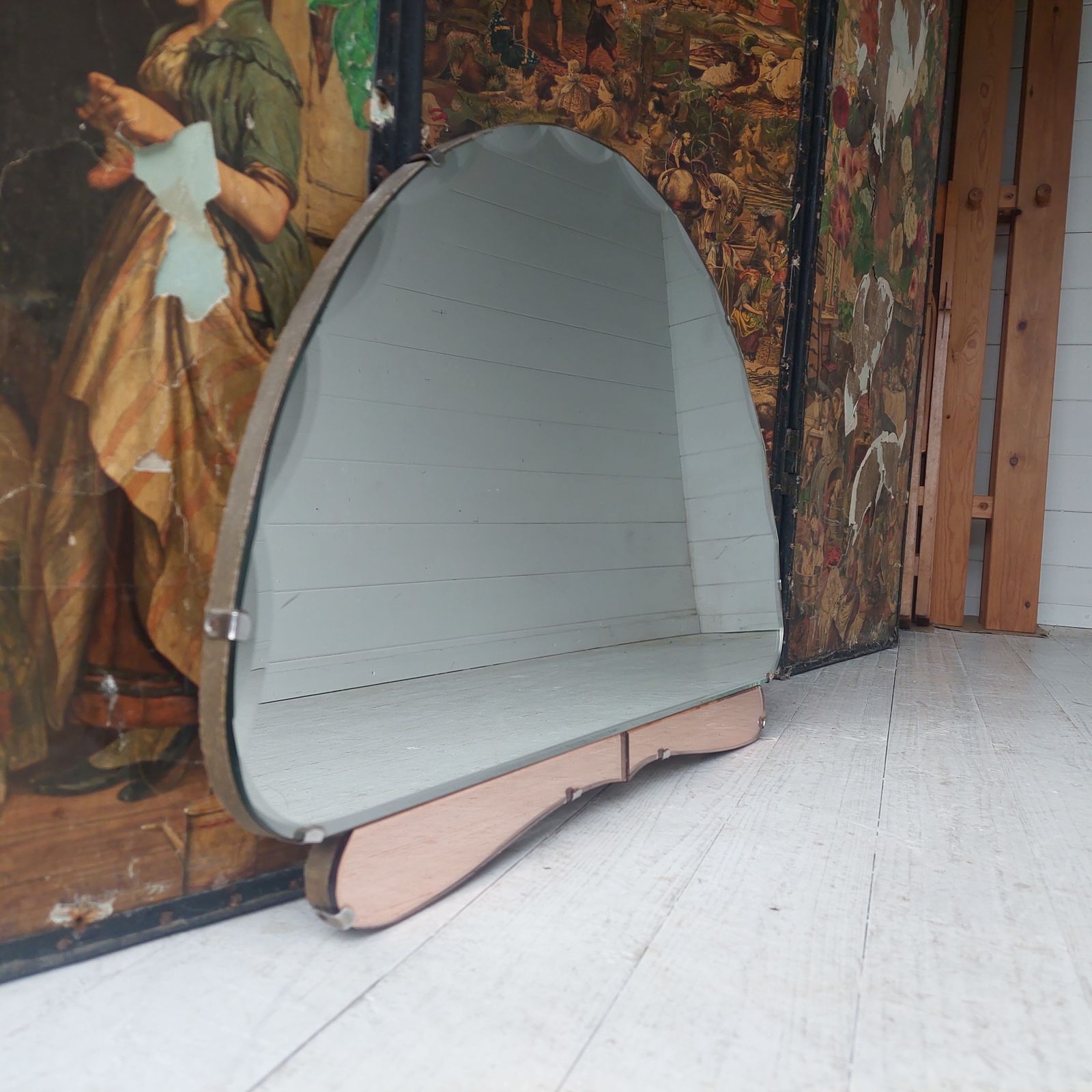 Art Deco Wall Mirror Eclectic Beveled Peach Coloured Glass Panels Original Backing Chain C1920s 30s photo furniture
