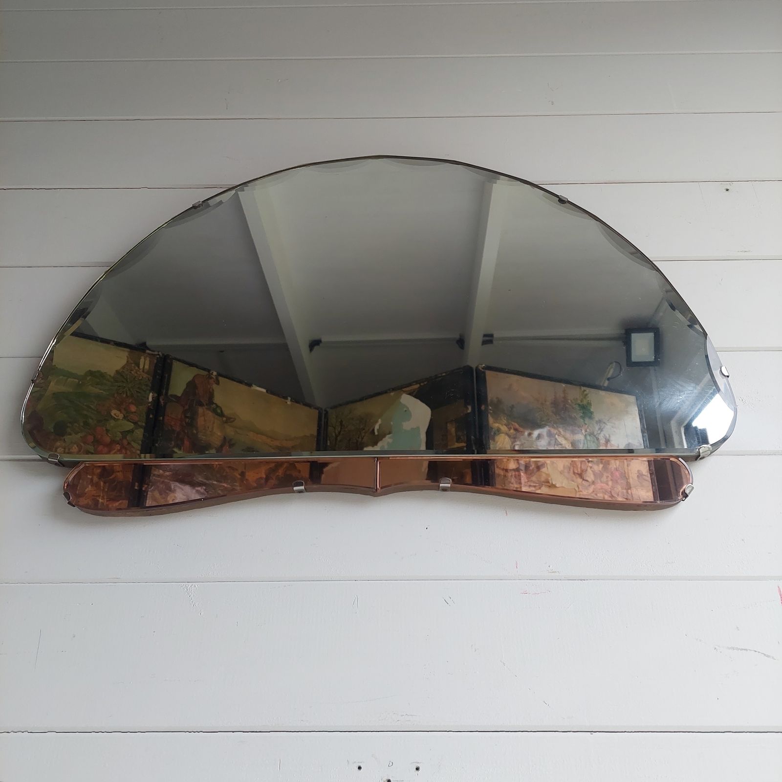 Art Deco Wall Mirror Eclectic Beveled Peach Coloured Glass Panels Original Backing Chain C1920s 30s photo vinterior
