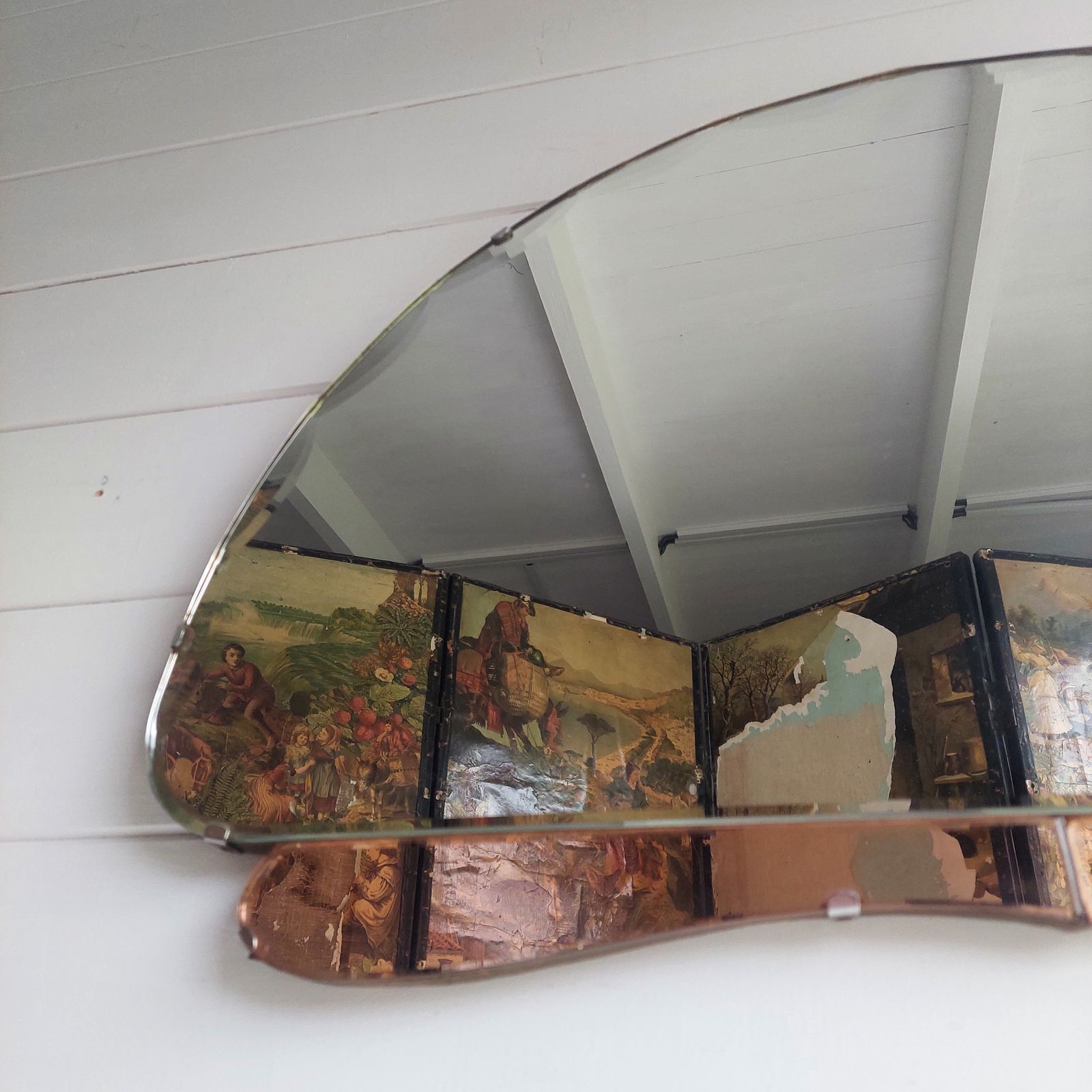 Art Deco Wall Mirror Eclectic Beveled Peach Coloured Glass Panels Original Backing Chain C1920s 30s photo buy