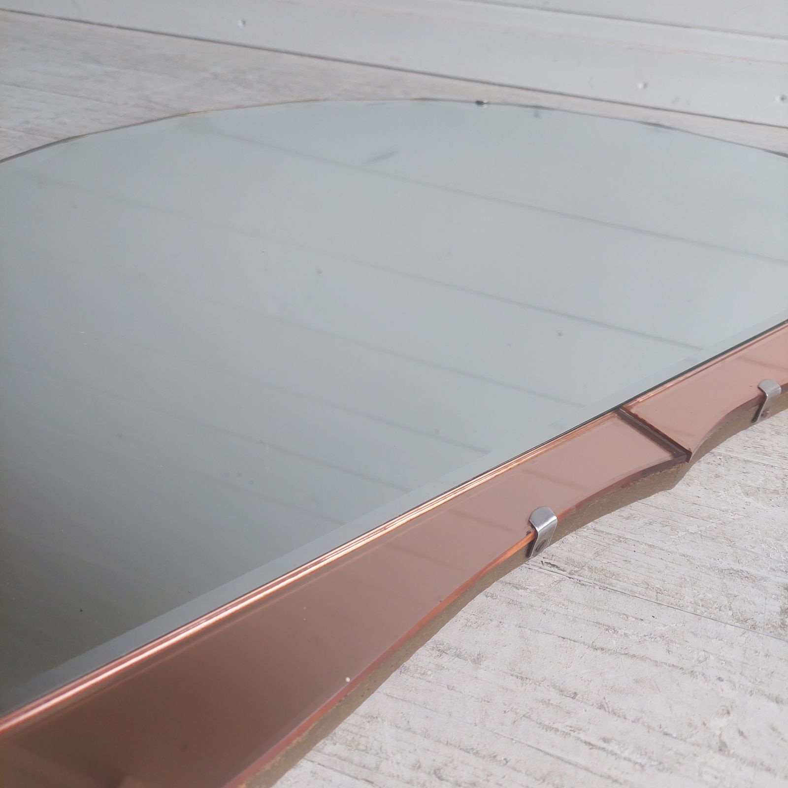 photo vintage Art Deco Wall Mirror Eclectic Beveled Peach Coloured Glass Panels Original Backing Chain C1920s 30s