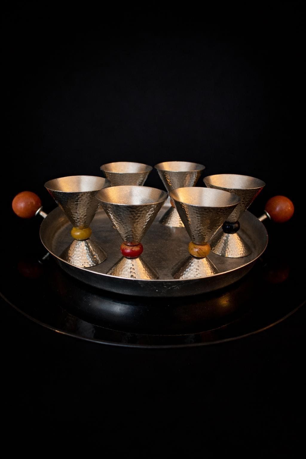 Vintage Memphis Style Liquor Set – Hammered Matte Steel Tray With 6 Cups – Germany 1980s photo furniture