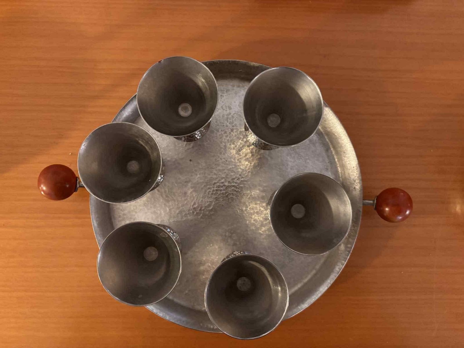 Vintage Memphis Style Liquor Set – Hammered Matte Steel Tray With 6 Cups – Germany 1980s photo buy