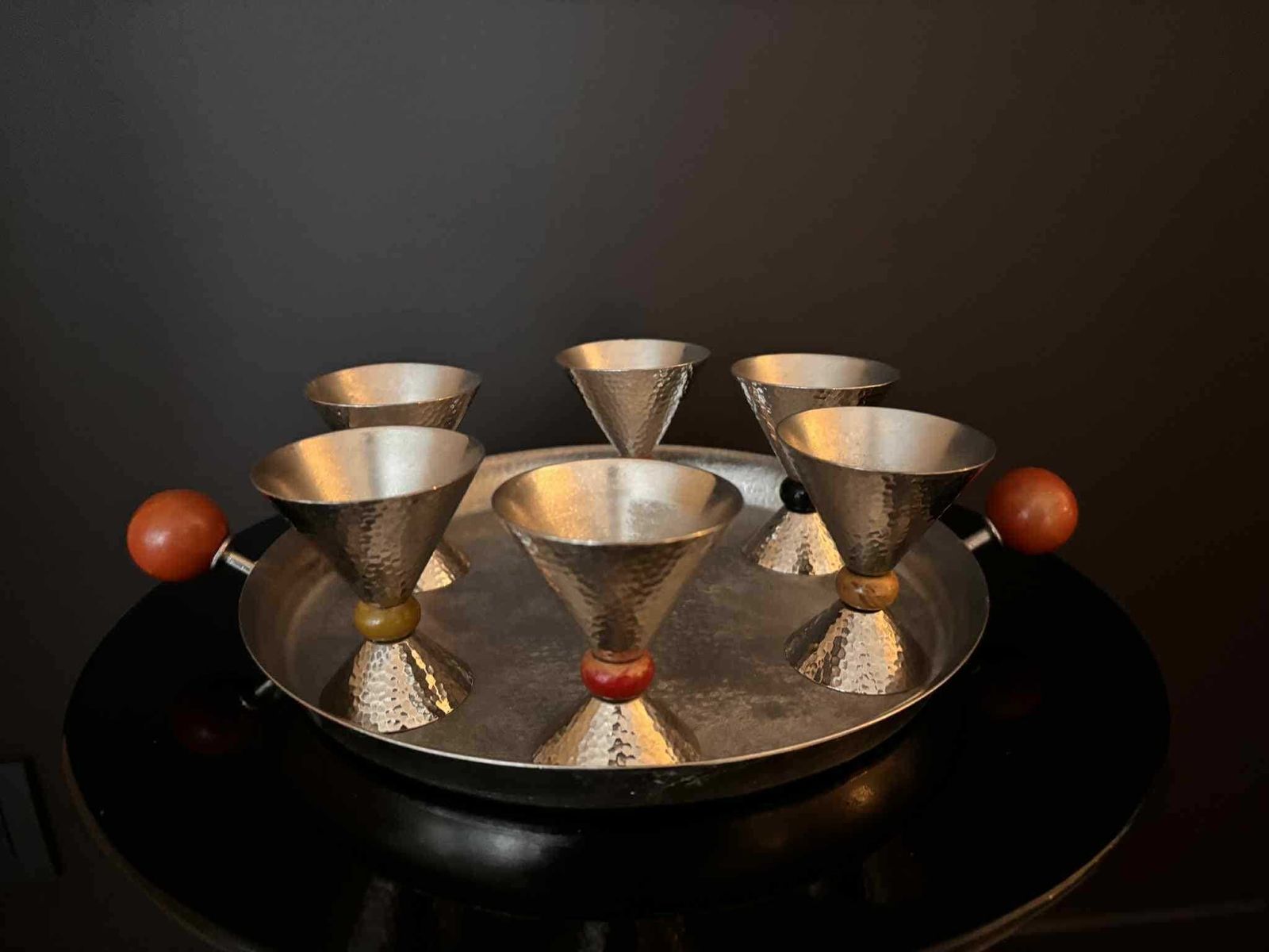 photo for sale Vintage Memphis Style Liquor Set – Hammered Matte Steel Tray With 6 Cups – Germany 1980s