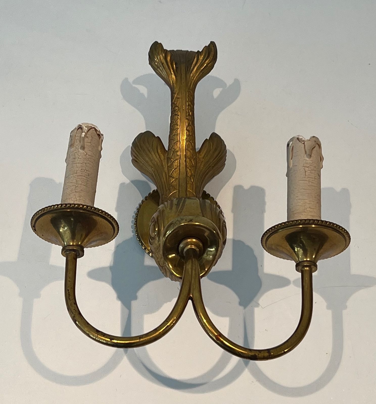 photo buy Pair Of Bronze Dolphin Wall Sconces By Maison Jansen