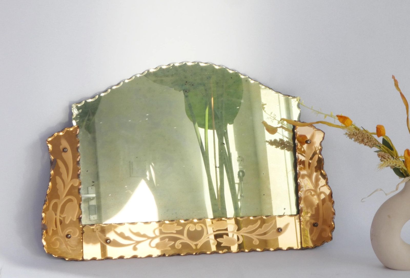 Antique Venetian Wall Mirror With Pink Frame, Art Deco Italian Floral Etched Mirror