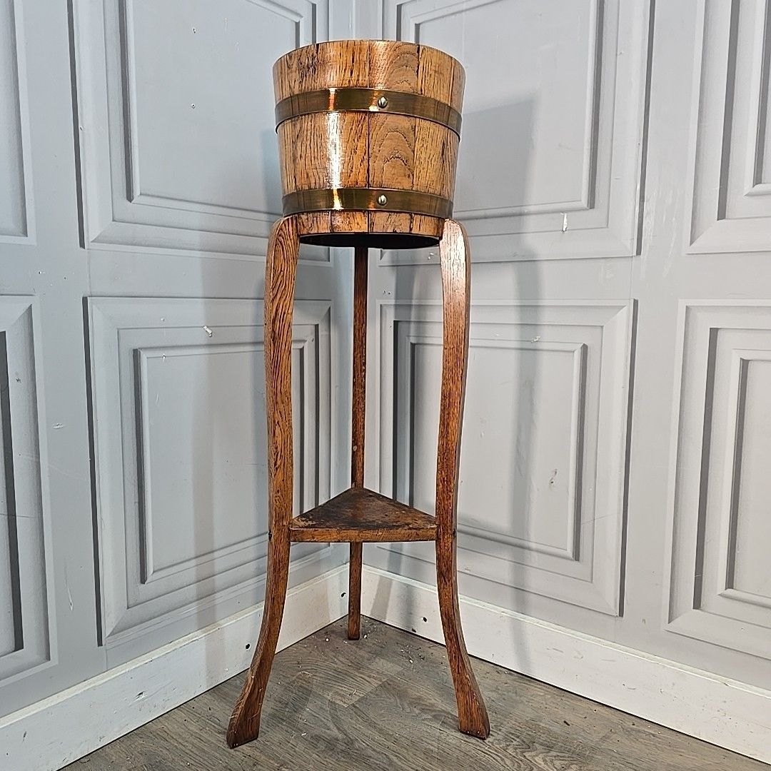 Antique Jardiniere Plant Stand Oak Barrel Planter Edwardian R A Lister & Co photo Garden Decor