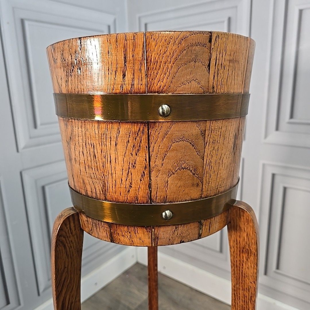 Antique Jardiniere Plant Stand Oak Barrel Planter Edwardian R A Lister & Co photo buy