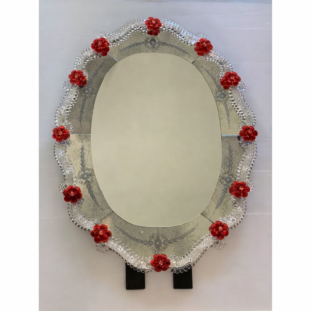 Venetian Murano Glass Oval Floral Wall Mirror – Hand Carved Italian Art photo furniture