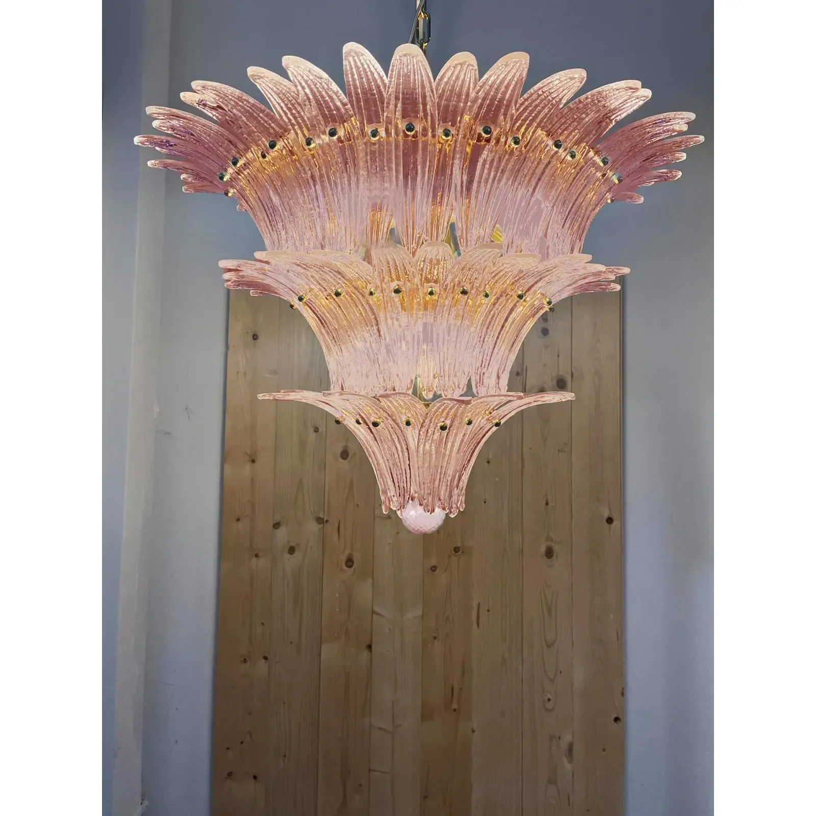 Lot Of 2 Mid Century Modern Pink “Palmette” Murano Glass Chandeliers A Pair photo Lighting
