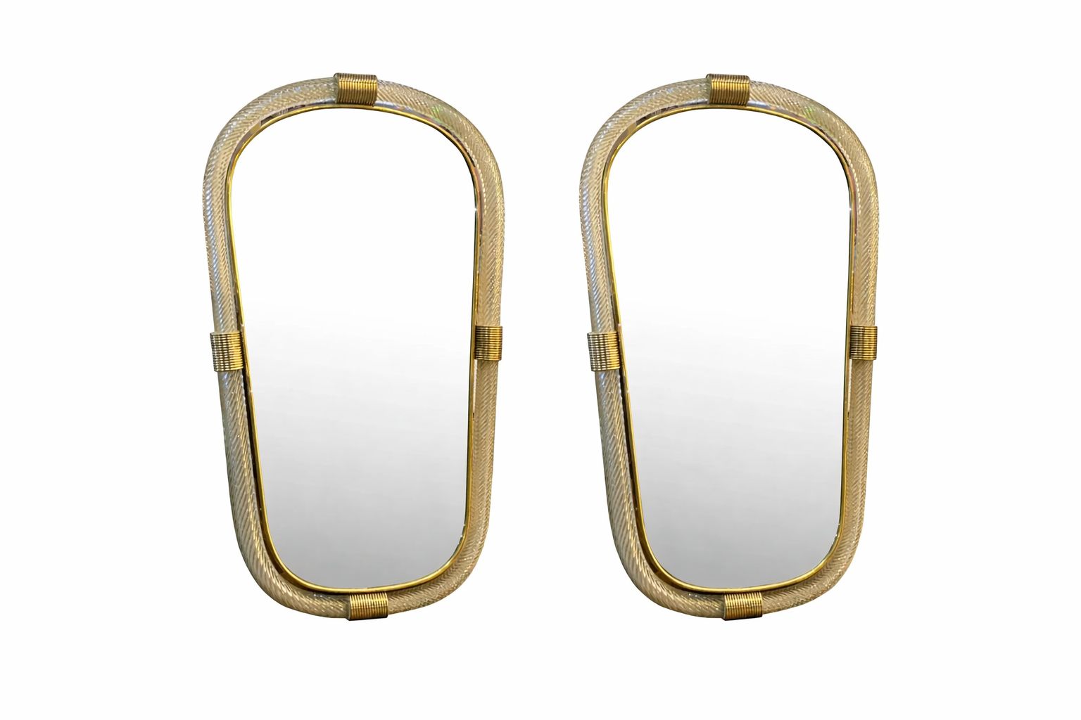 photo for sale Pair Of Italian Murano Glass Wall Mirrors In Gold Leaf “Torciglione” Venetian Design