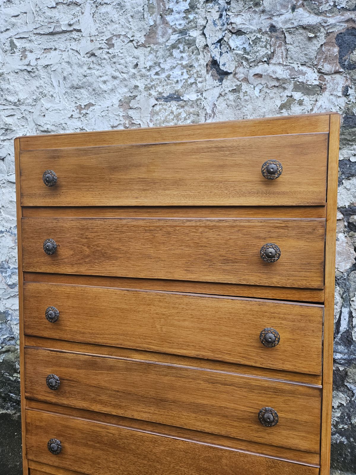 photo vinterior Vintage Oak Tallboy Chest Of Drawers: Cabinet With Detailing Five Drawer