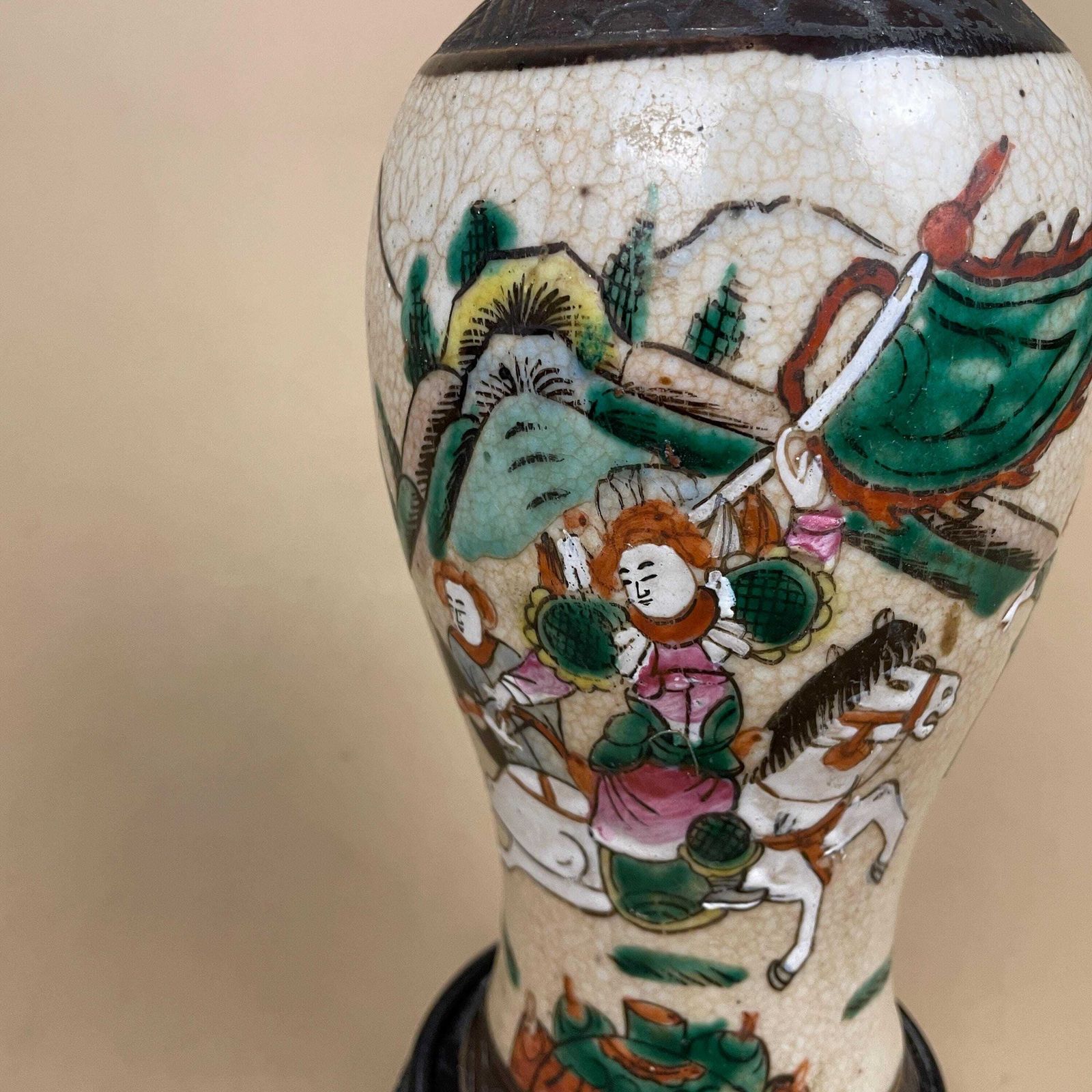 Ceramic Patterned Oriental Lamp Bedside Table Light Vase Pottery Round Antique Pattern Hand Painted Gold Brass Wooden Wood Base Vintage photo for sale