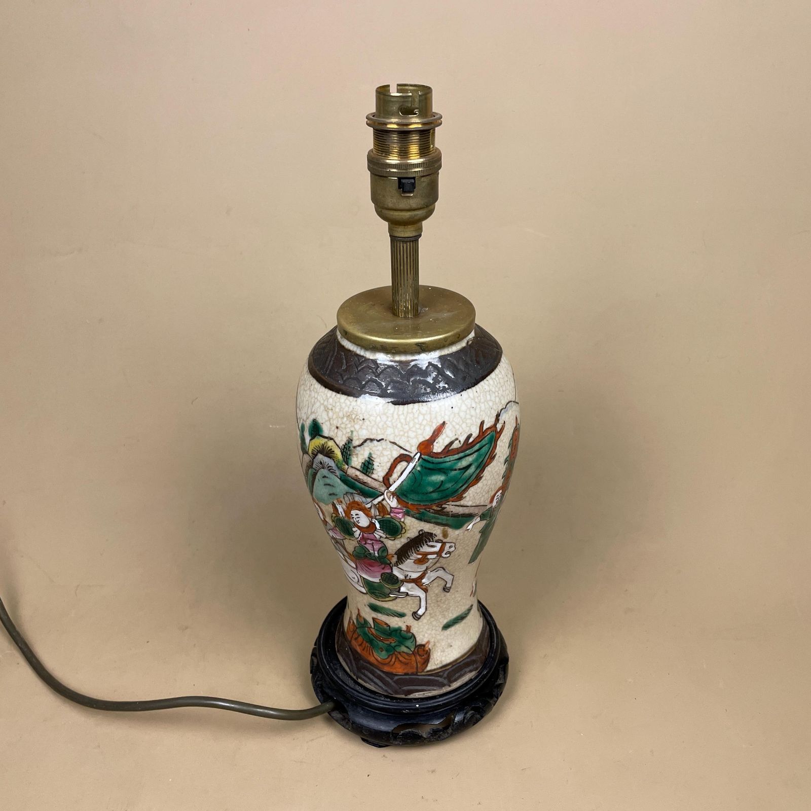 Ceramic Patterned Oriental Lamp Bedside Table Light Vase Pottery Round Antique Pattern Hand Painted Gold Brass Wooden Wood Base Vintage photo buy