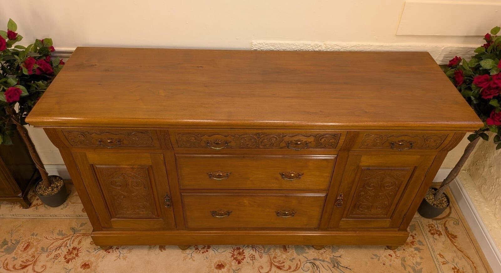 Rare Elegant Edwardian Solid Walnut Carved Sideboard photo vintage