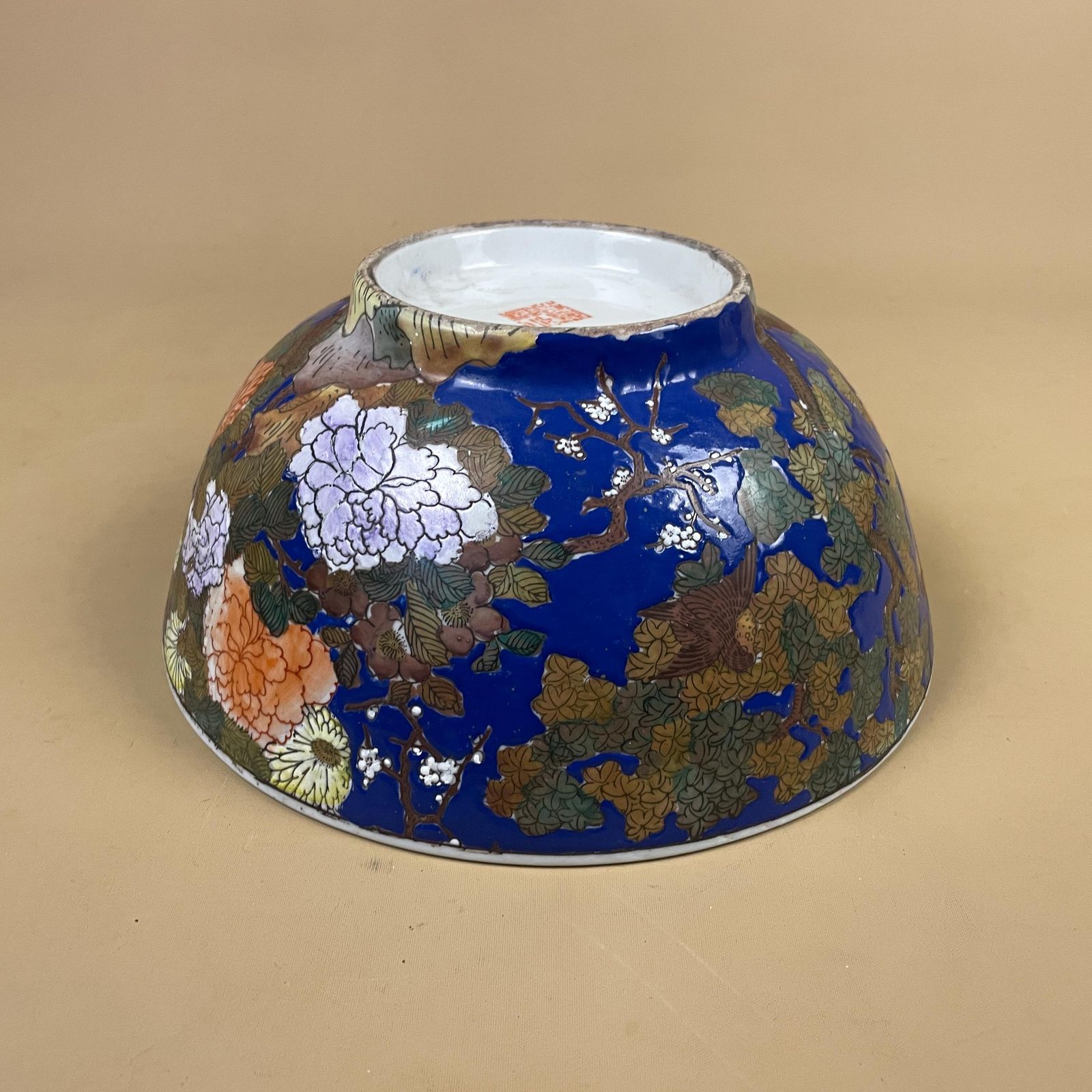photo for sale Oriental Ceramic Display Bowl Chinese Floral Design Round Centrepiece Blue Asian Pattern Patterned Hand Painted Tree Old Antique