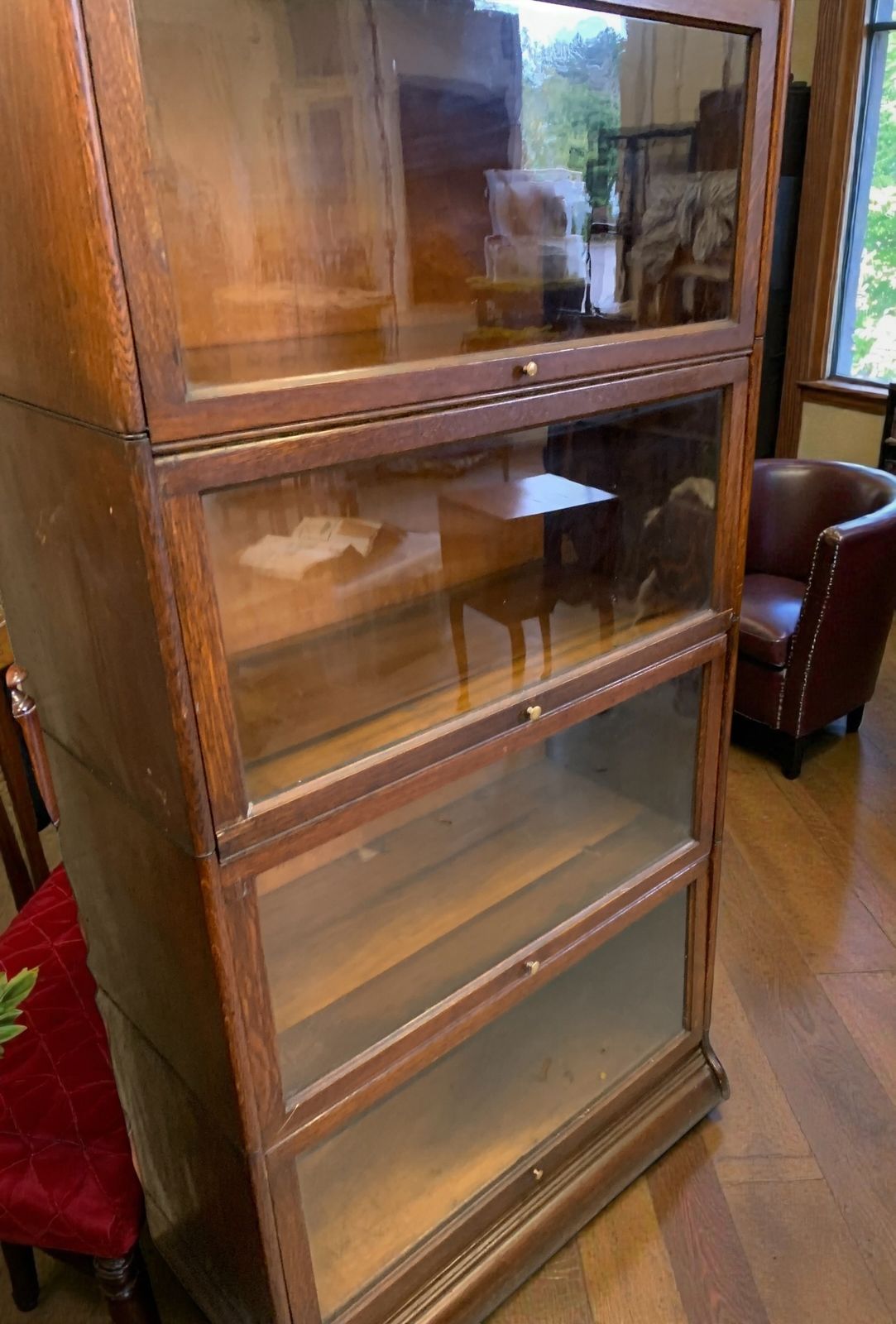 photo vintage Antique Gunn, Four Stack Waterfall Oak Sectional Barristers Bookcases