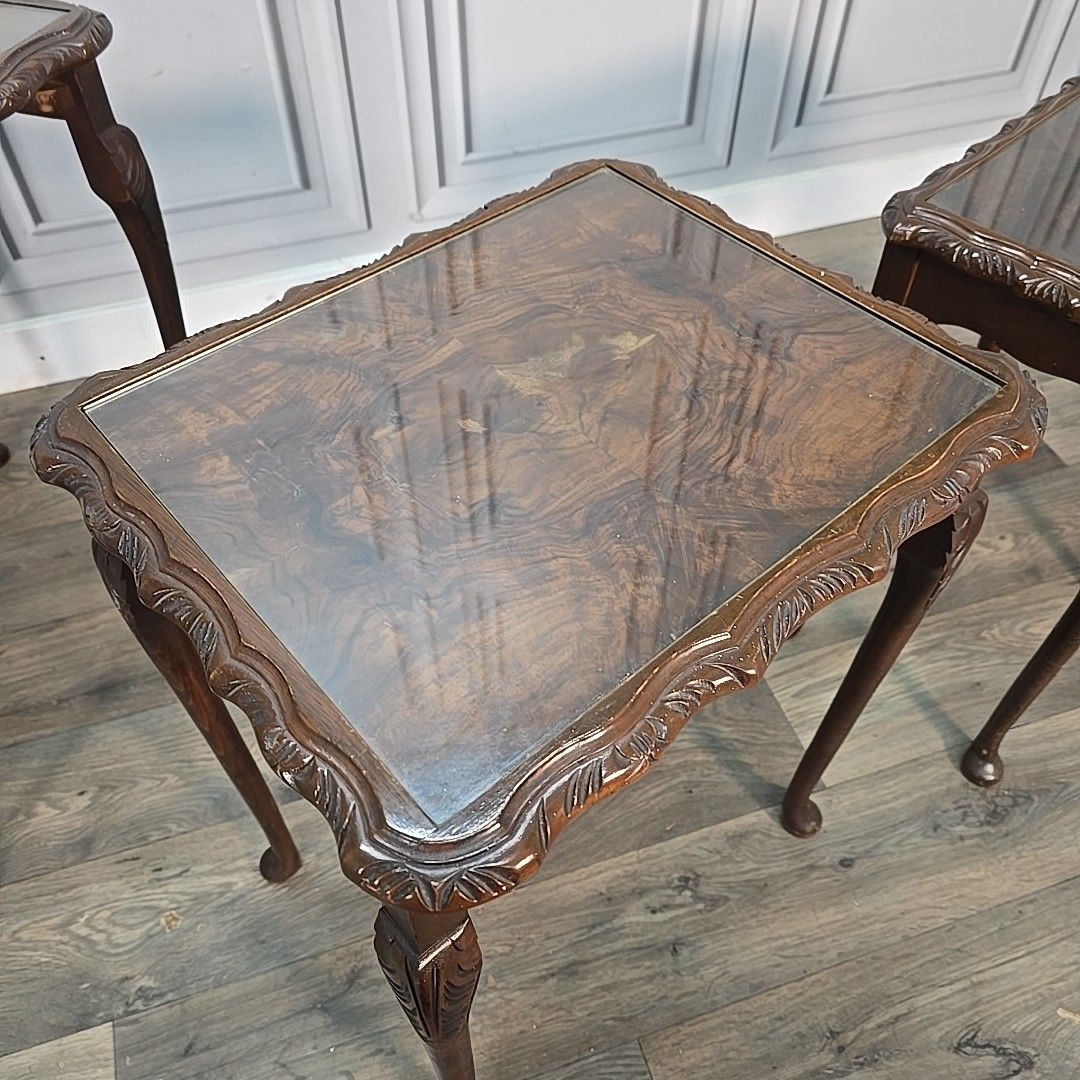 Furniture Vintage Nest Of Tables Walnut Veneer Queen Anne Antique Style Set Nested Side photo