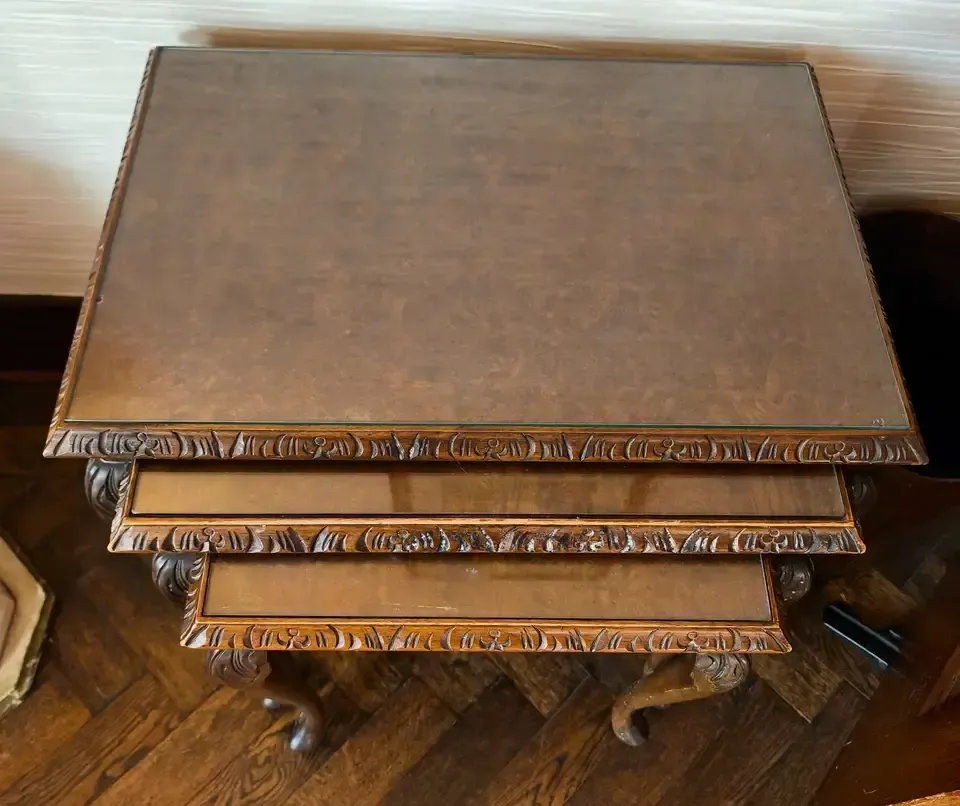 1920 Art Deco Burr Walnut Nest Of Three Tables Queen Anne Legs And Glass Insets photo furniture