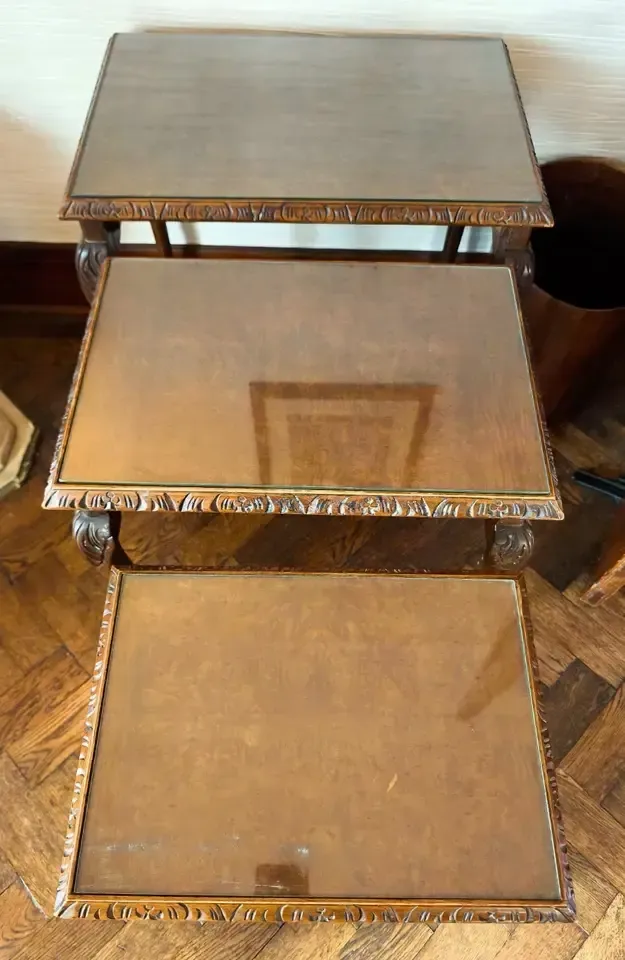 1920 Art Deco Burr Walnut Nest Of Three Tables Queen Anne Legs And Glass Insets photo for sale
