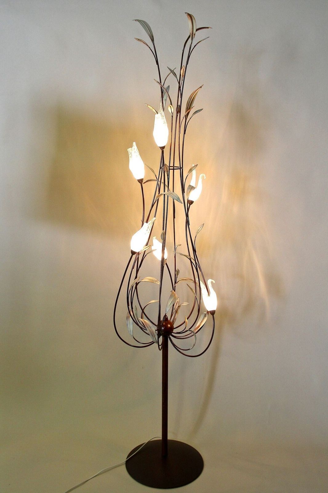 20th Century Murano Glass Swan Floor Lamp, Painted Reed Leaves, It Circa 1970 photo furniture