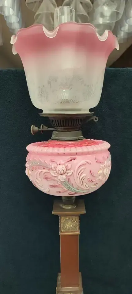 Stunning And Large Mid Victorian Cranberry Glass Oil Lamp, Duplex Wicks photo vintage
